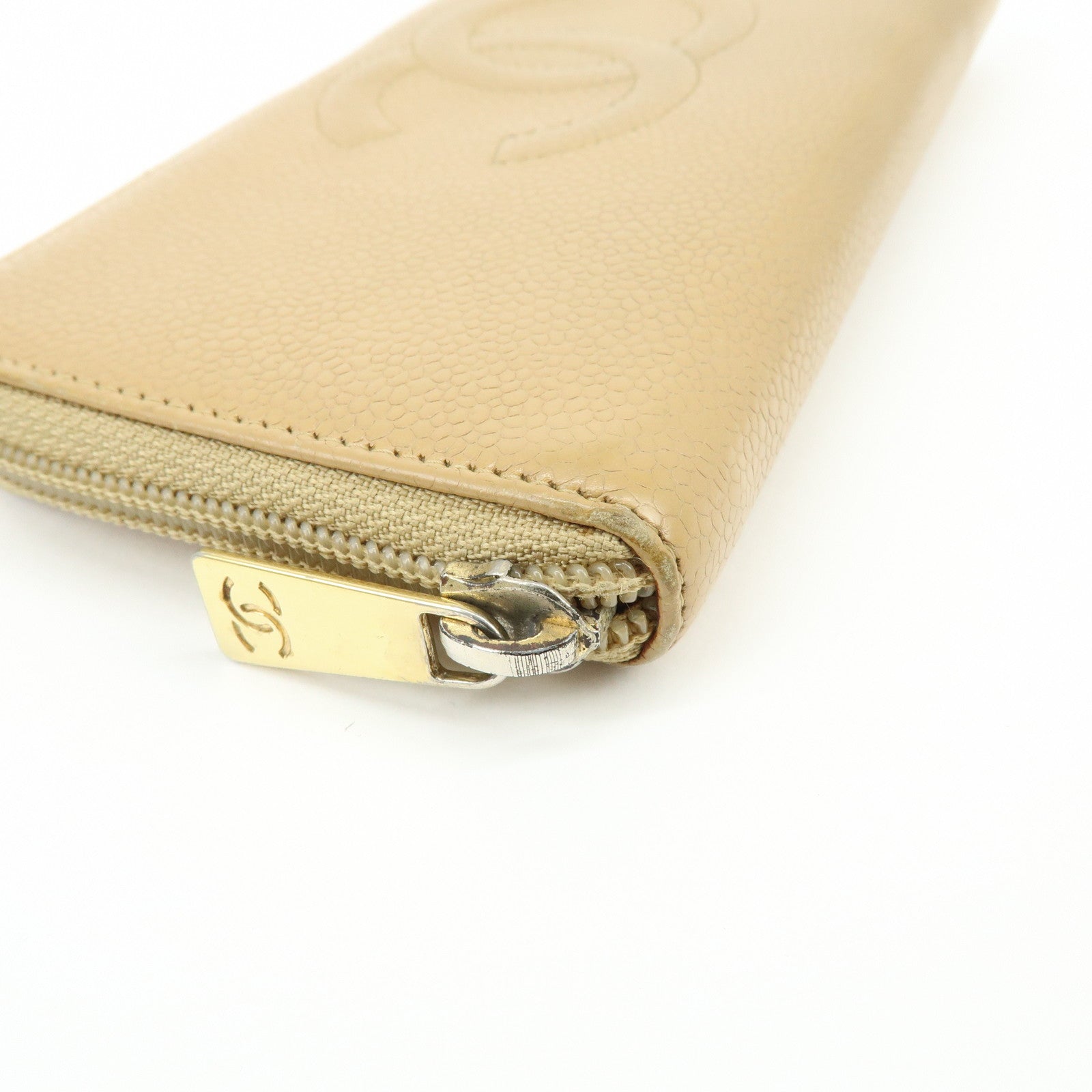 CHANEL Caviarskin Round Zippy Wallet Long Wallet Beige A13228