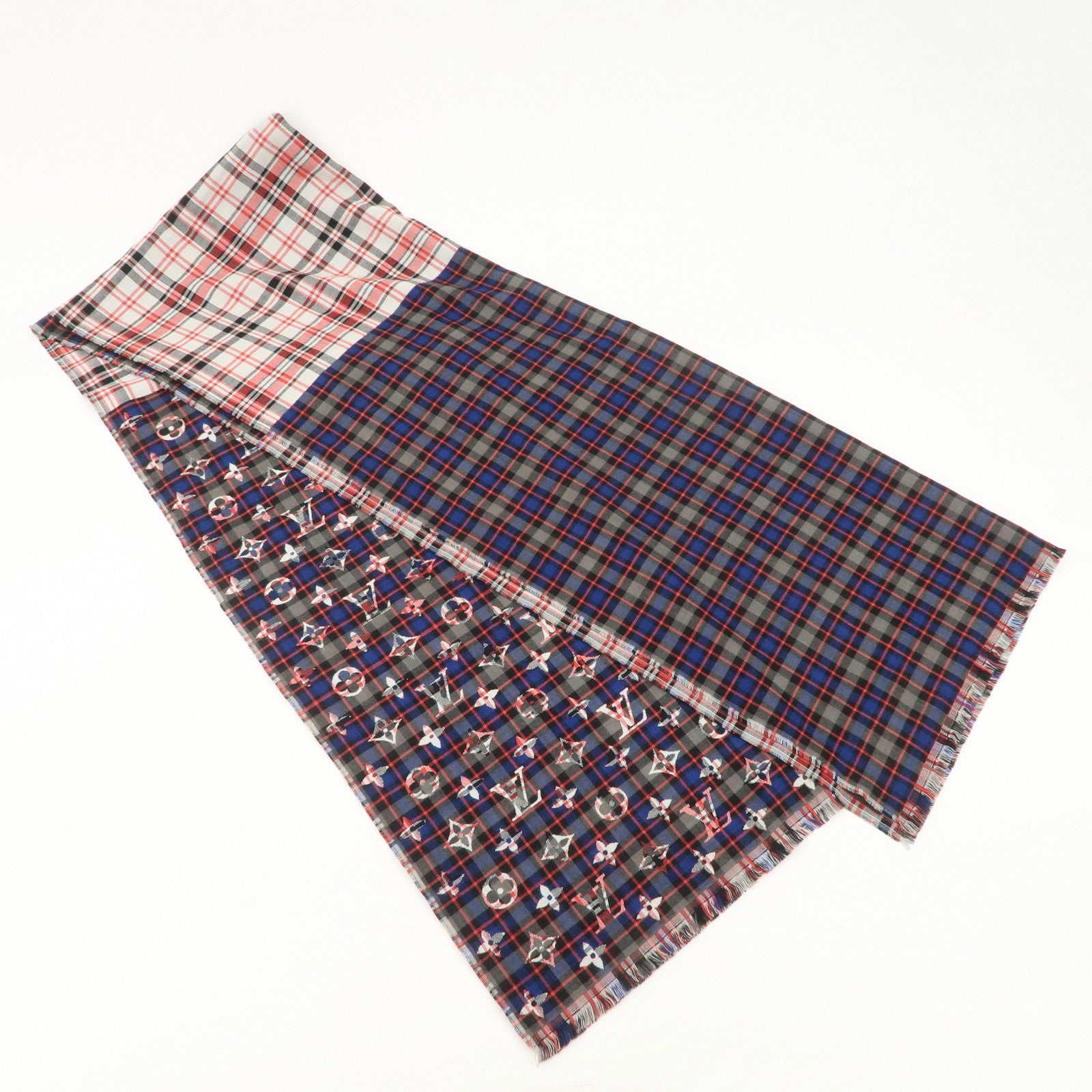 Louis Vuitton Etole Monogram Wool Silk Scarf Plaid Black Red M70333