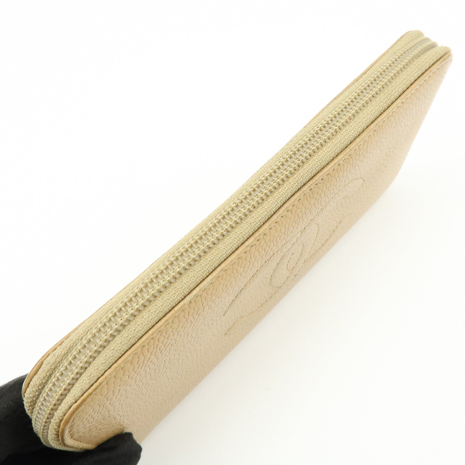 CHANEL Caviarskin Round Zippy Wallet Long Wallet Beige A13228