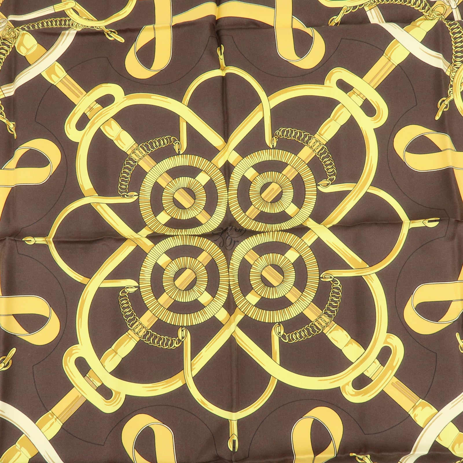 HERMES Carre 90 Silk 100% Scarf Eperon d'or Brown Gold