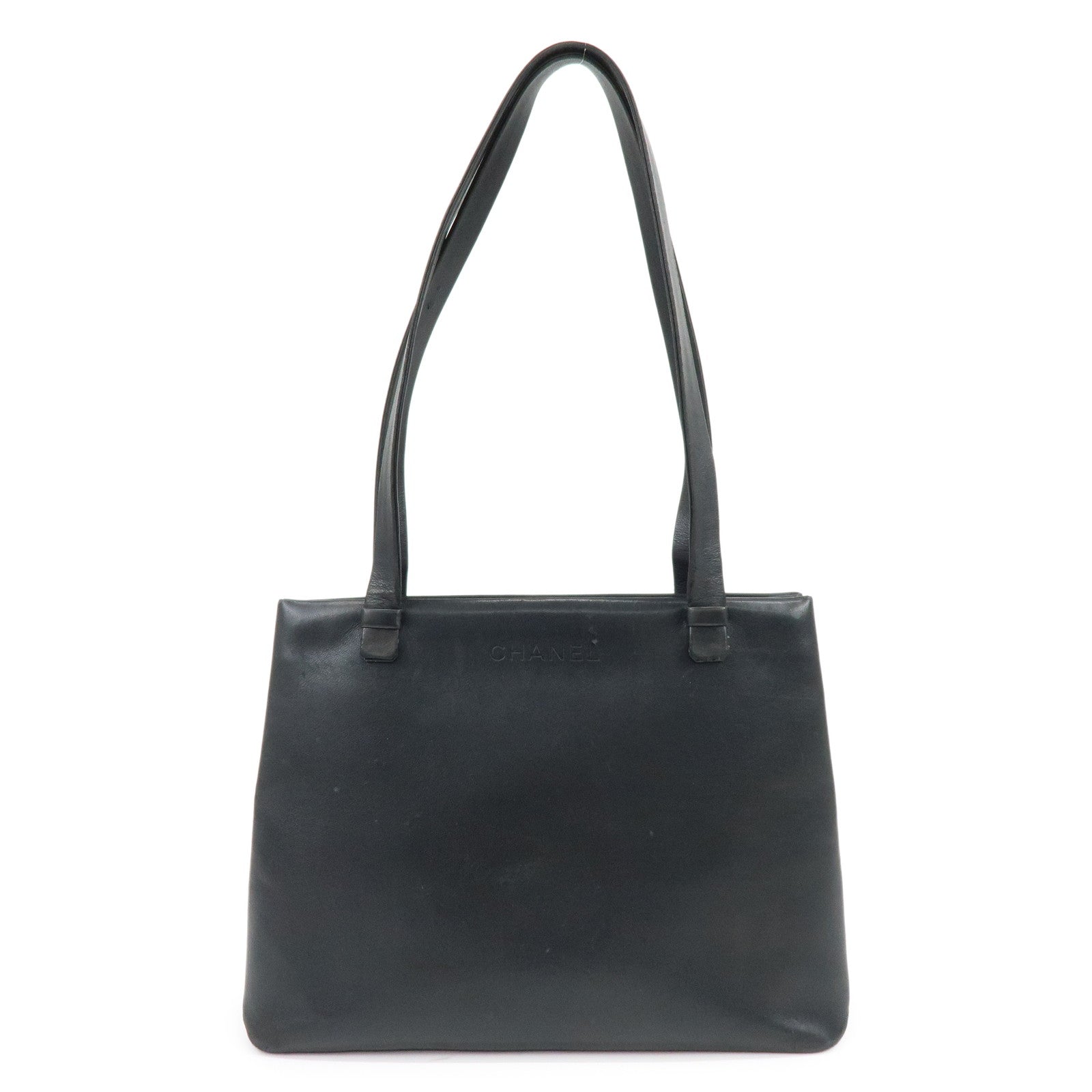 CHANEL Logo Calf Skin Tote Bag Shoulder Bag Hand Bag Black