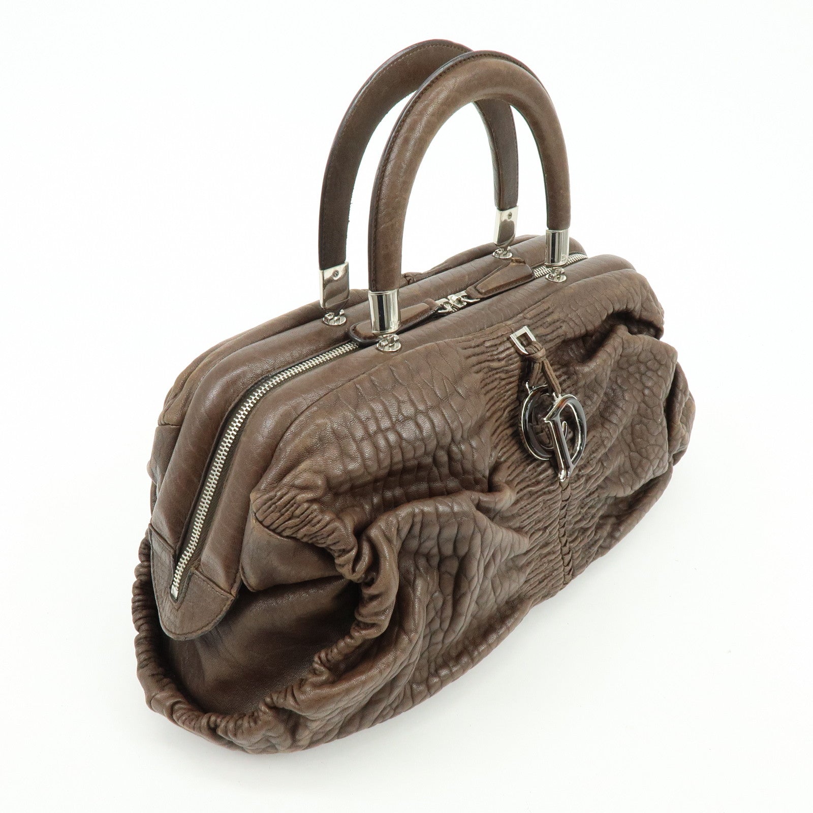 Christian Dior Embossed Gathered Leather Boston Bag Hand Bag Brown