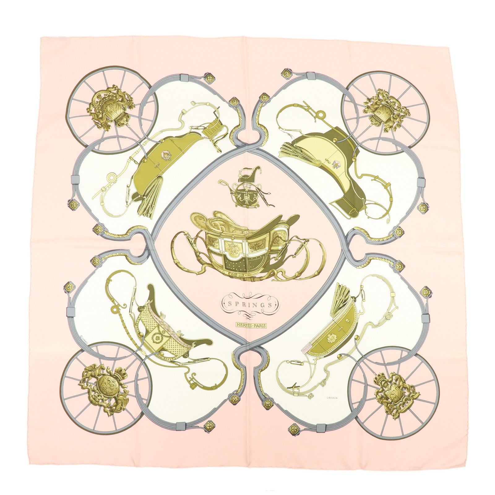 HERMES Carre 90 Silk 100% Scarf SPRINGS Carriage Print Pink White