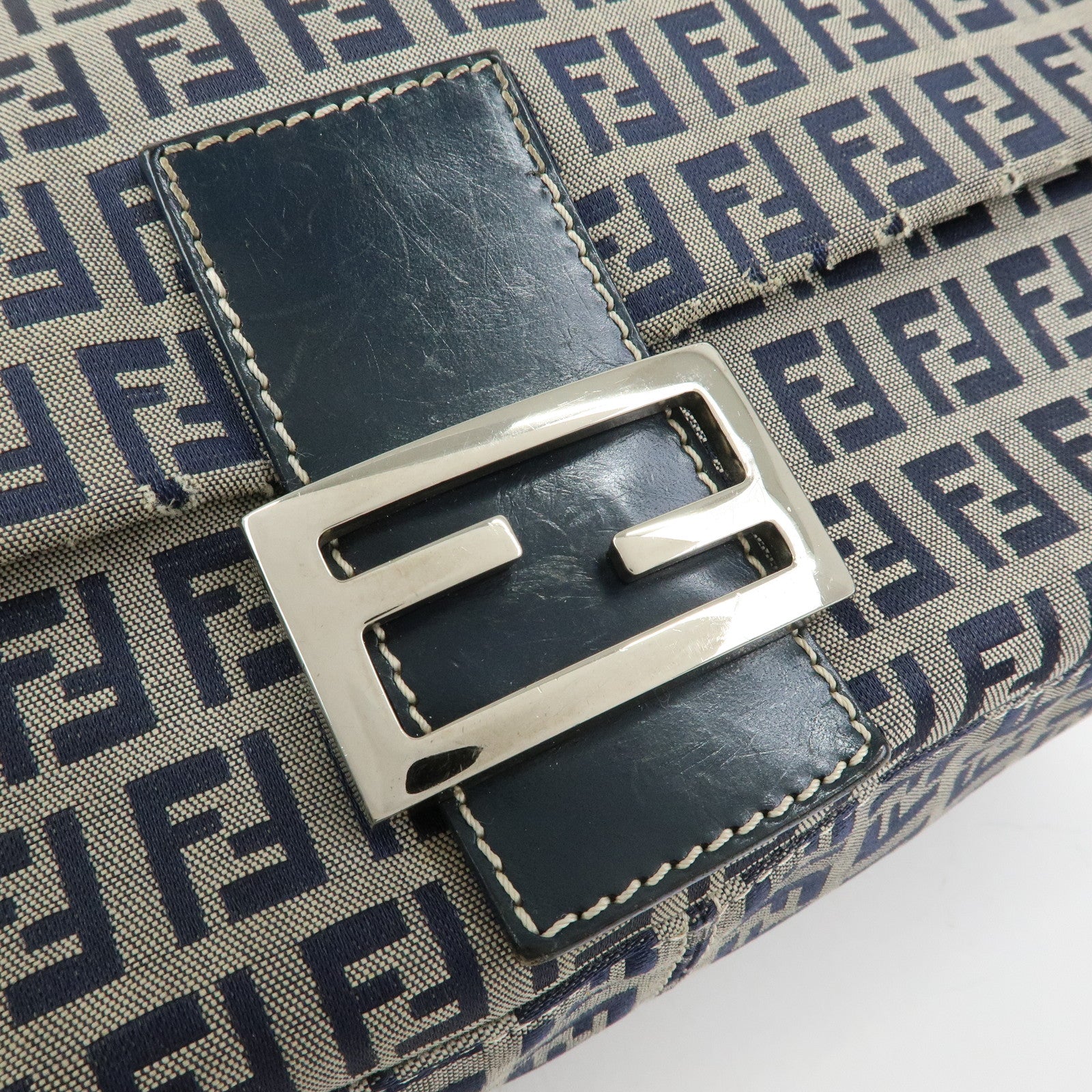 FENDI Mamma Baguette Zucchino Canvas Shoulder Bag Navy 26325