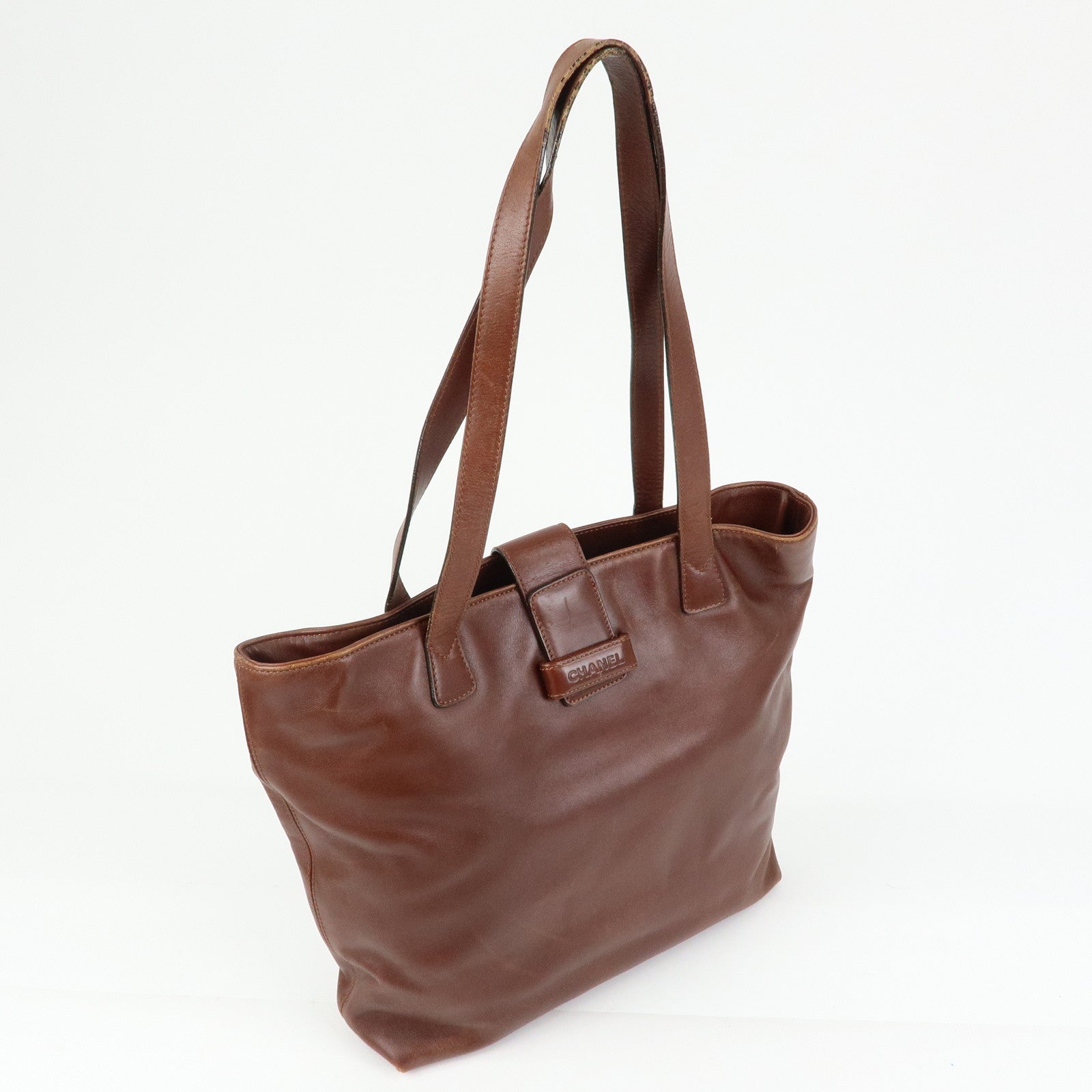 CHANEL Logo Leather Tote Bag Shoulder Bag Red Brown