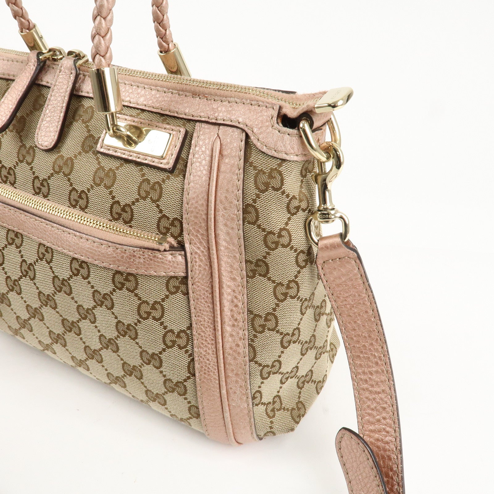 GUCCI Bamboo GG Canvas Leather 2Way Shoulder Bag Beige Pink 282300 Used