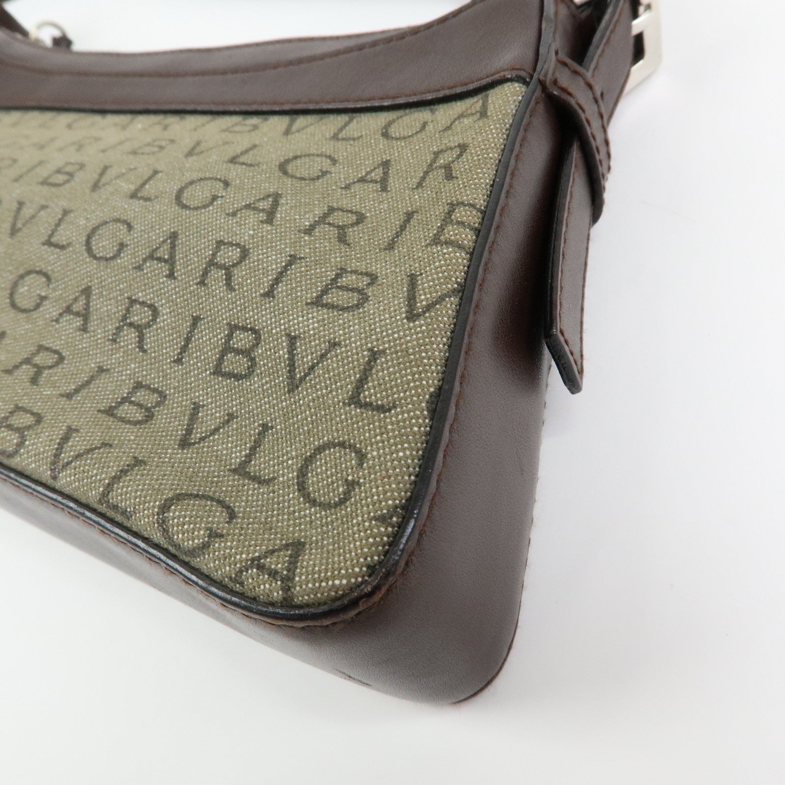 BVLGARI Logo Mania Canvas Leather Shoulder Bag Hand Bag Khaki