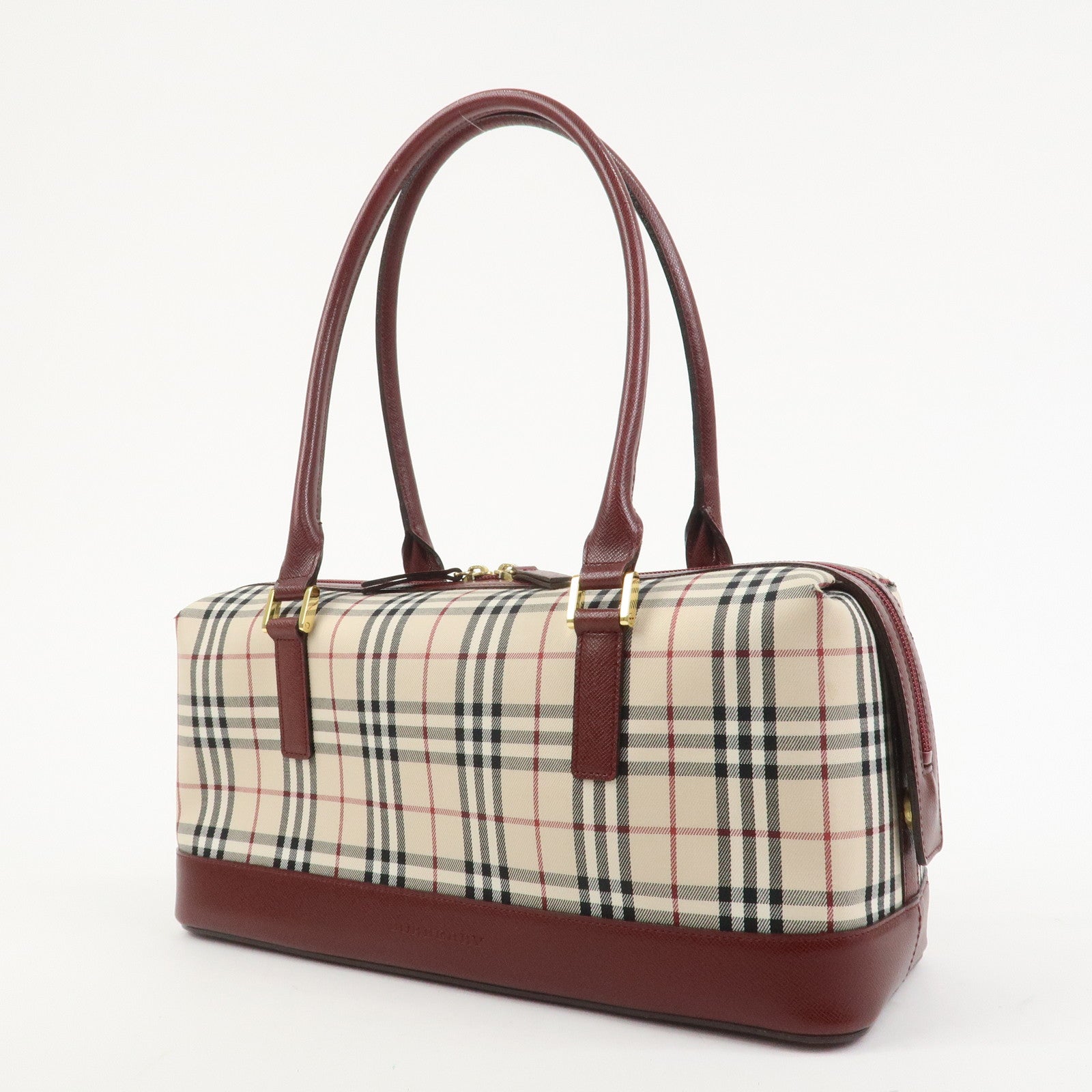 BURBERRY Nova Plaid Canvas Leather Shoulder Hand Bag Beige Bordeaux