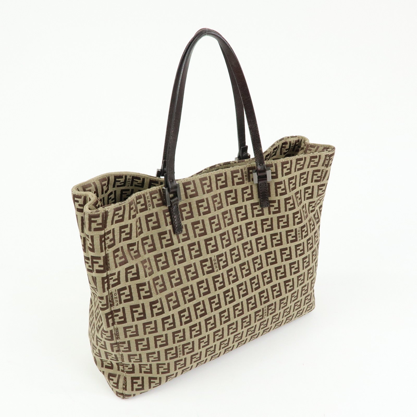 FENDI Zucchino Canvas Leather Tote Bag Beige Brown 8BH019