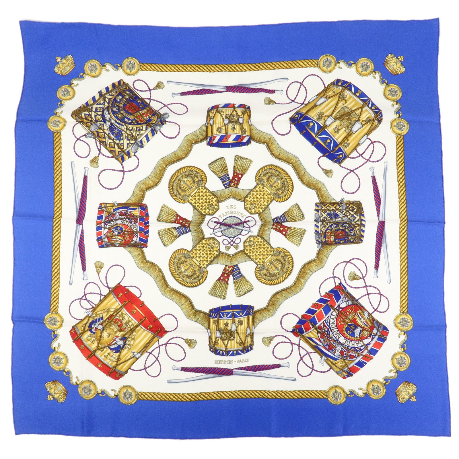 HERMES Carre 90 Silk 100% Scarf LES TAMBOURS Blue White