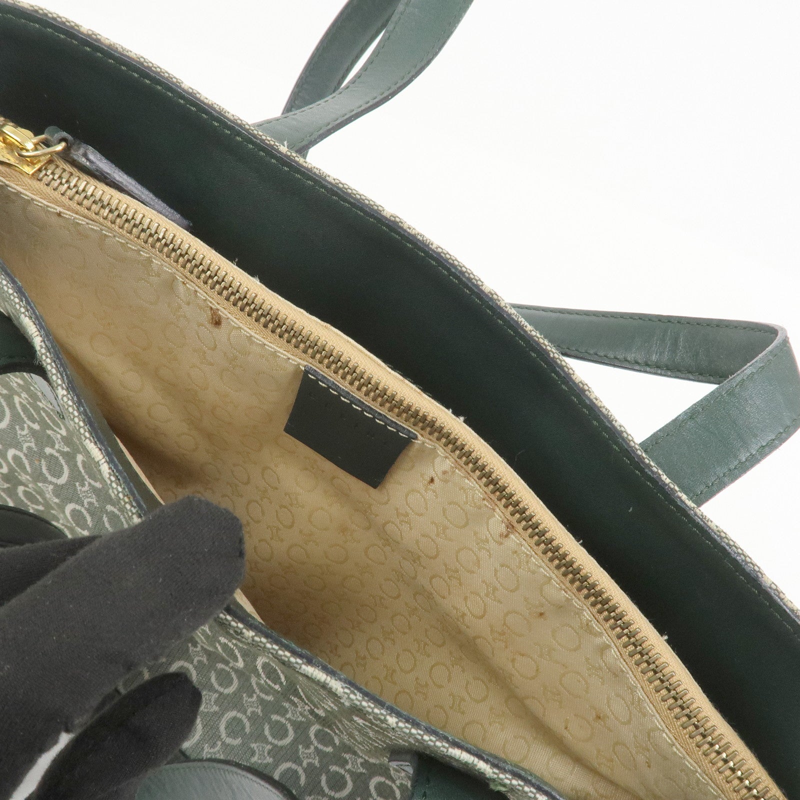 CELINE C Macadam Canvas Leather Tote Bag Shoulder Bag Dark Green
