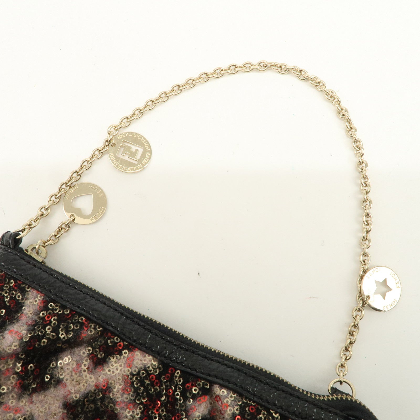 FENDI Wool Flip Sequin Leather Chain Bag Pouch Black Pink 8BR594