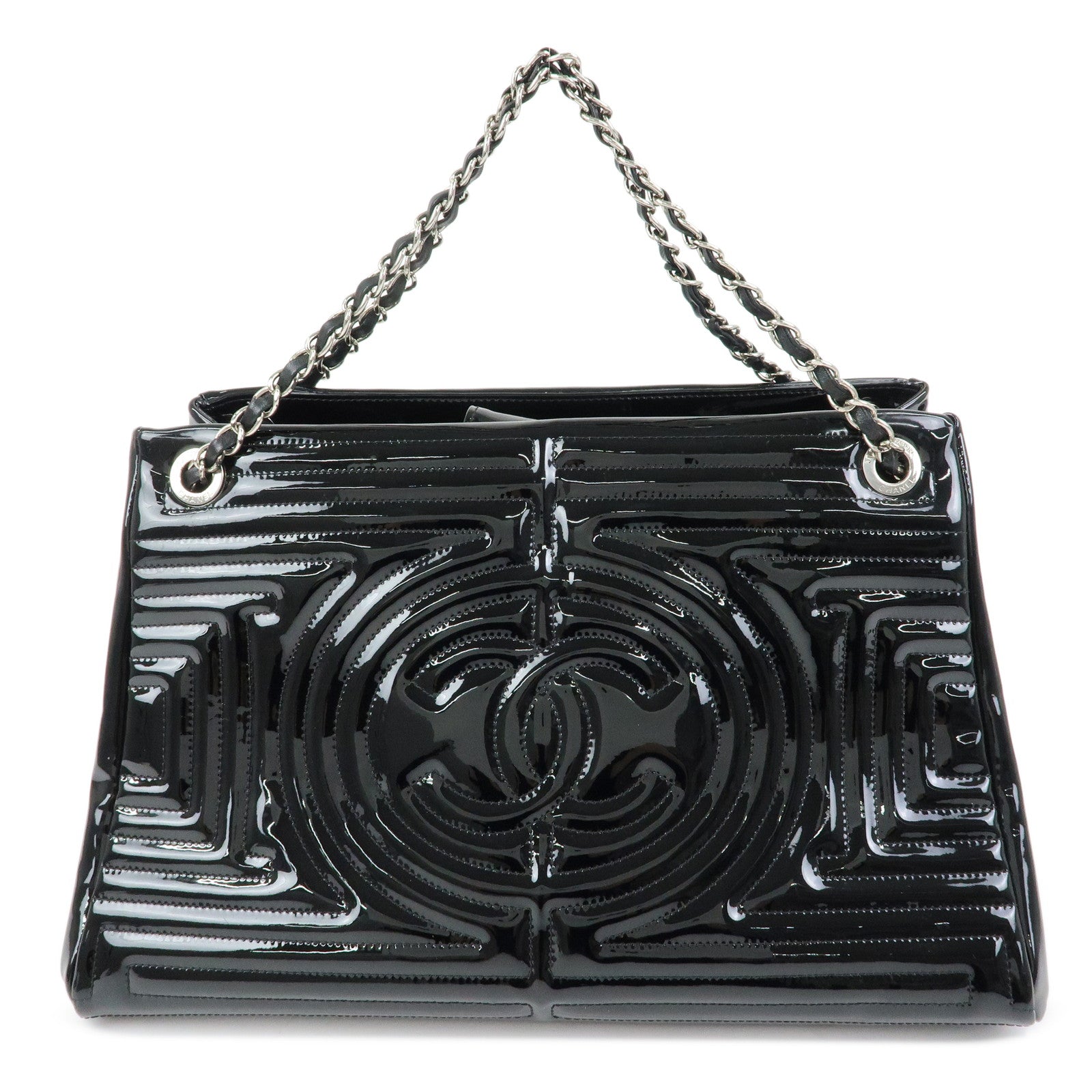 CHANEL COCO Mark Patent Leather Lamb Skin Tote Bag Hand Bag Black