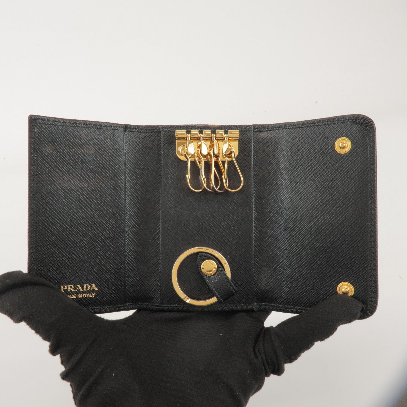 PRADA Saffiano Leather 4 Rings Key Case Key Holder Black 1PG004