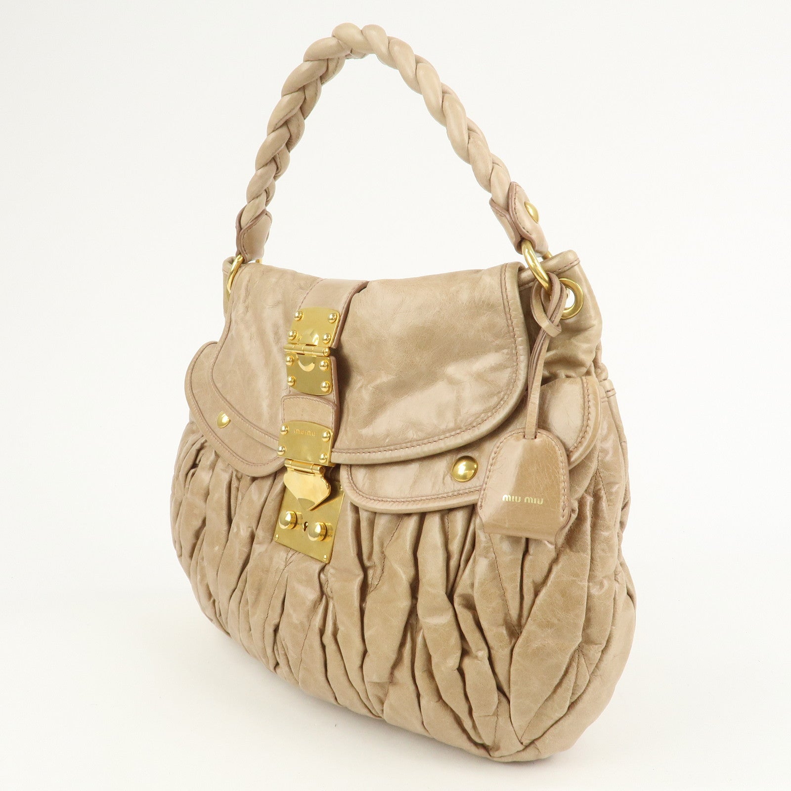 MIU MIU Matelasse Leather Hand Bag Light Brown RR1300