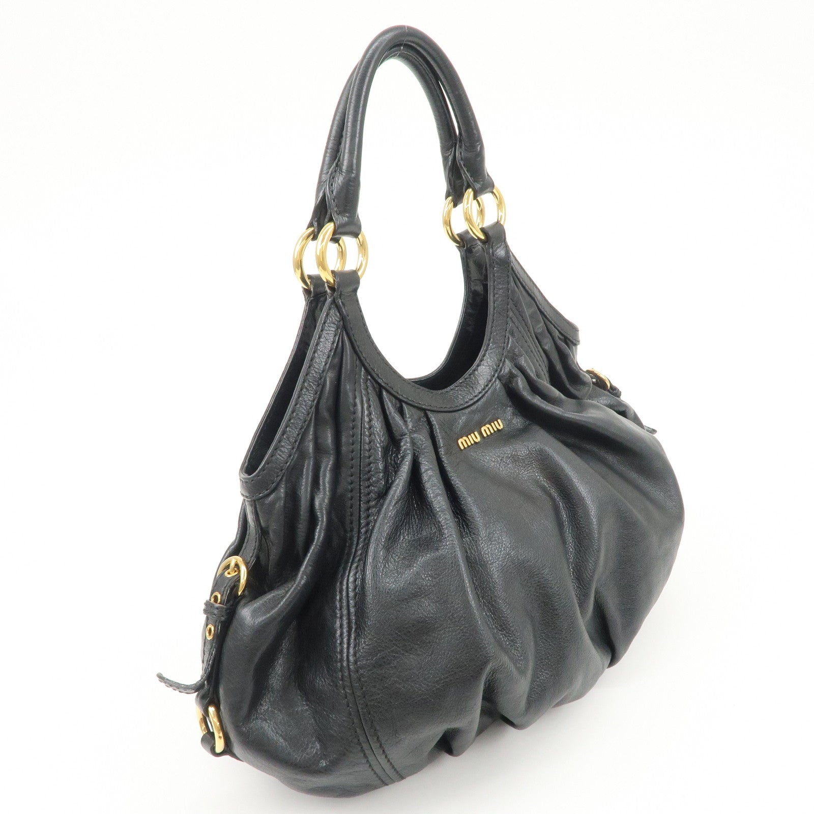 MIUMIU Logo Leather Shoulder Bag Tote Bag Black GOLD HDW Used