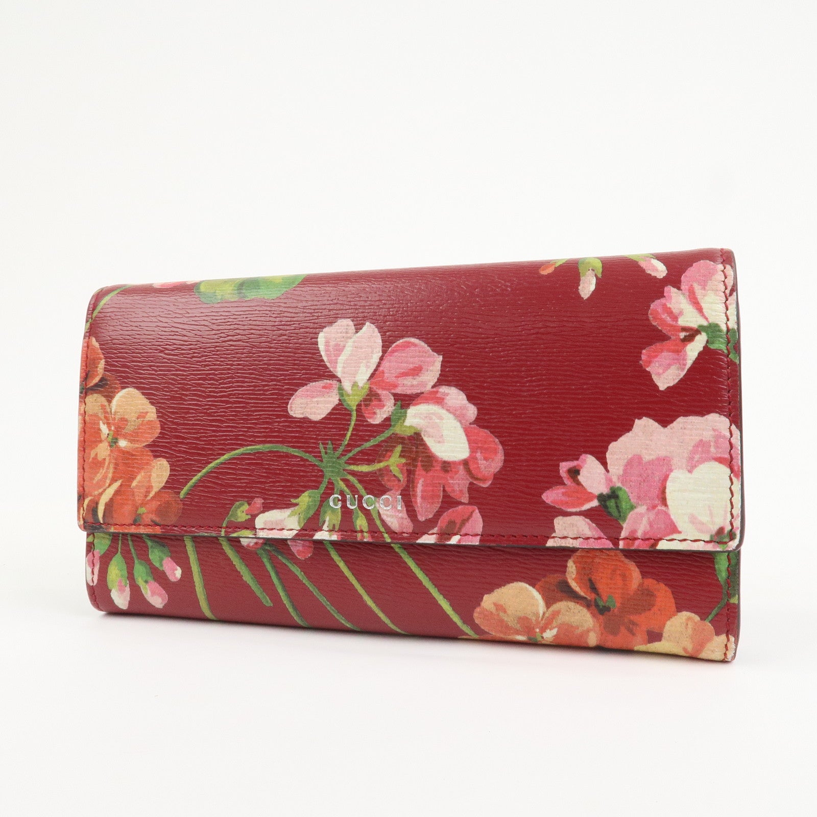 GUCCI Leather Long Wallet Flower Print Red 410100