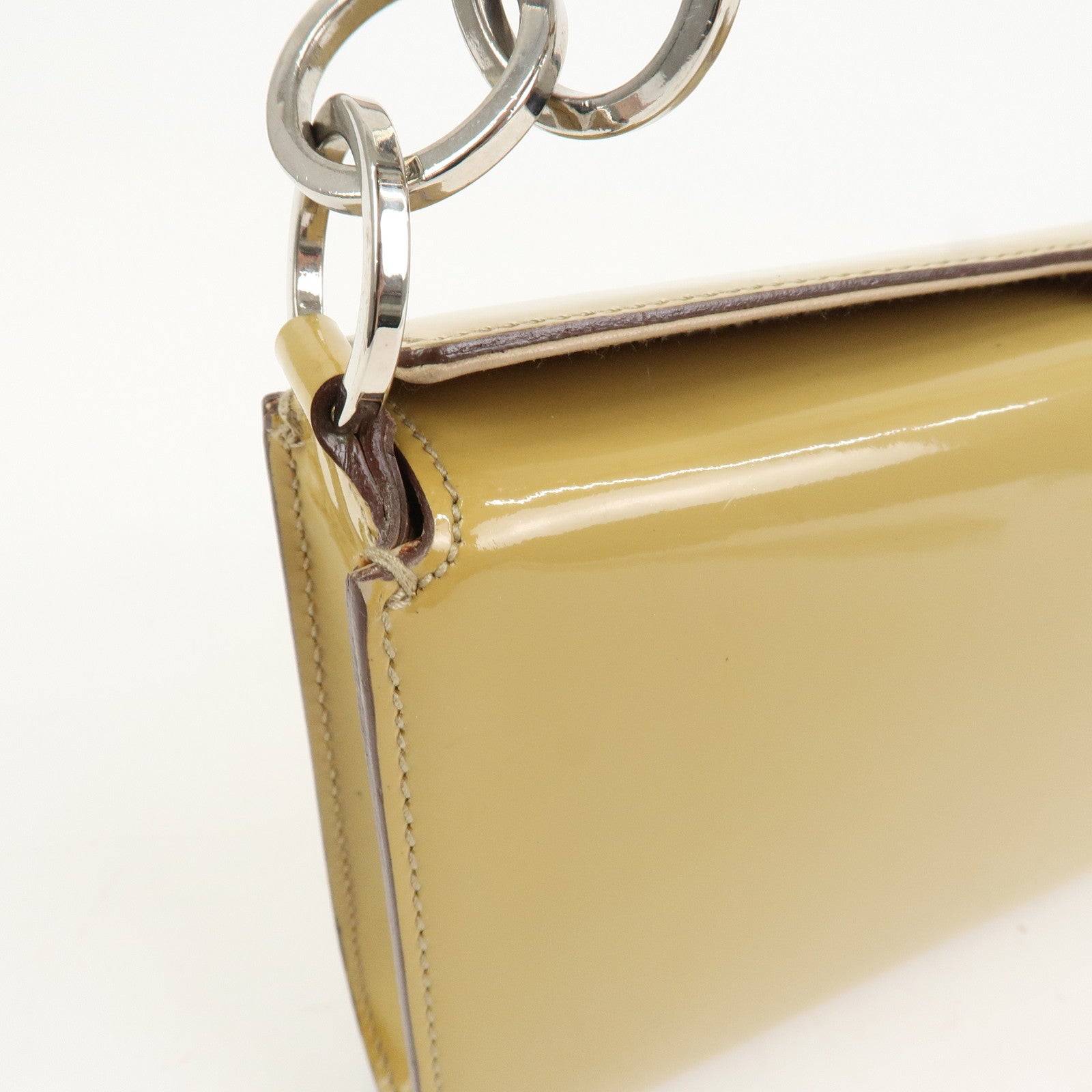 Ferragamo Gancini Patent Leather Chain Shoulder Bag Hand Bag Beige