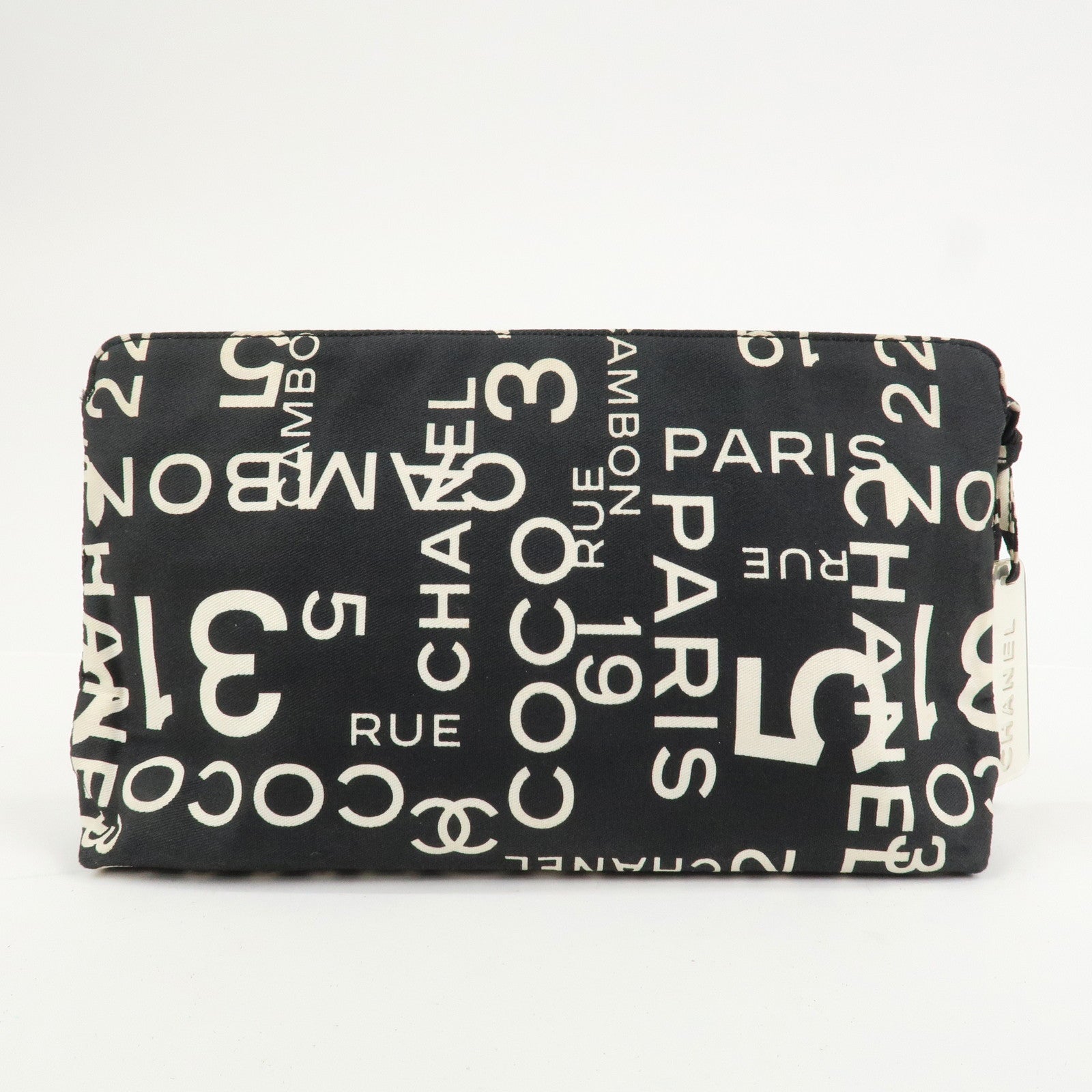 CHANEL By Sea Line Canvas Clutch Bag Cosmetic Pouch Black White