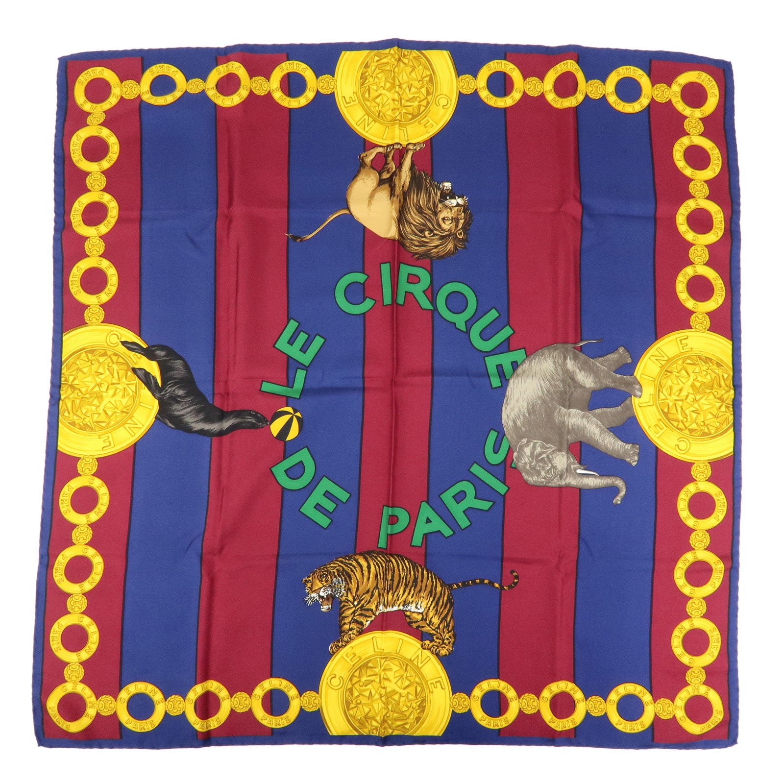 CELINE Silk 100% Scarf  Le Cirque Lion Elephant Motif Navy Blue