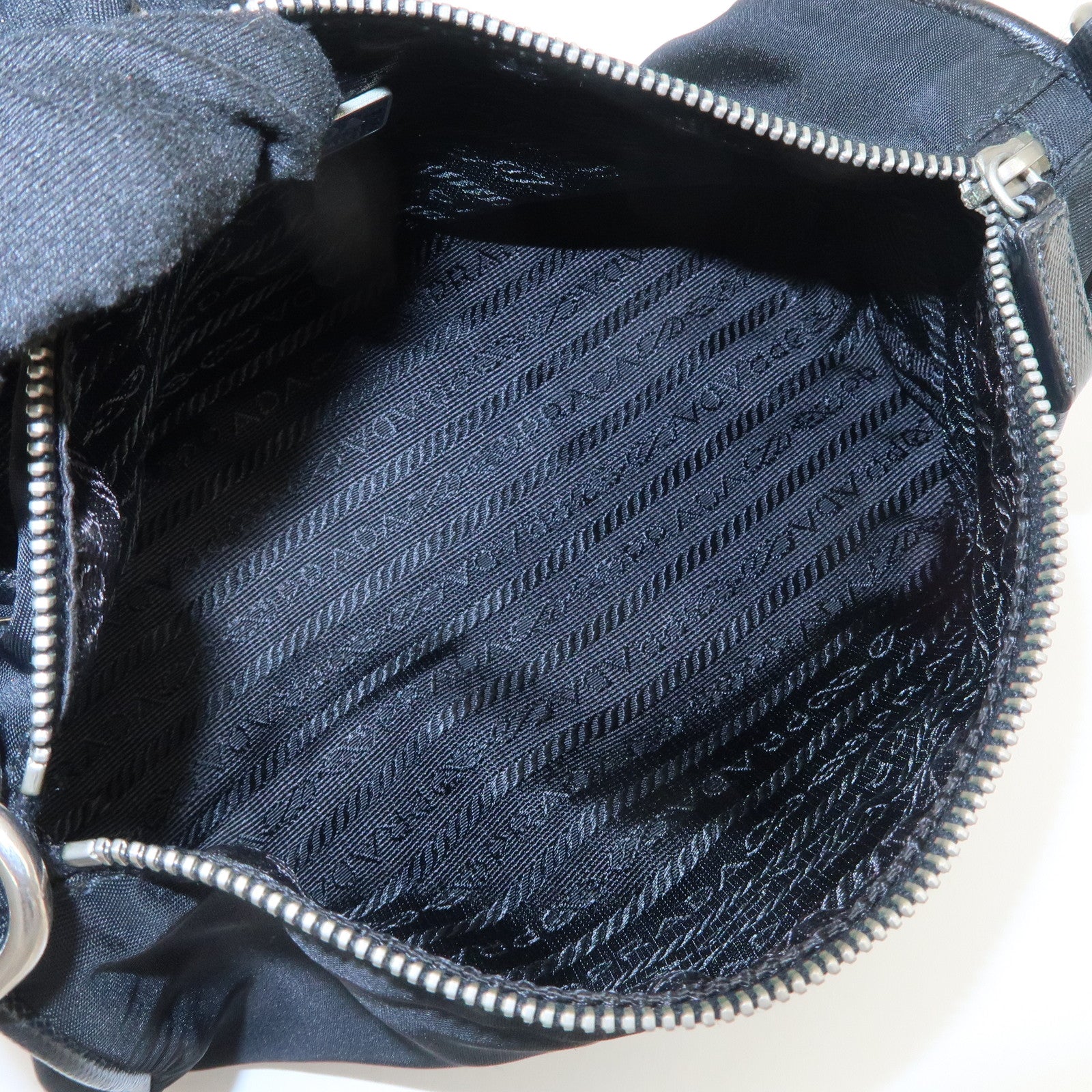 PRADA Triangle Logo Nylon Saffiano Leather Hand Bag Black