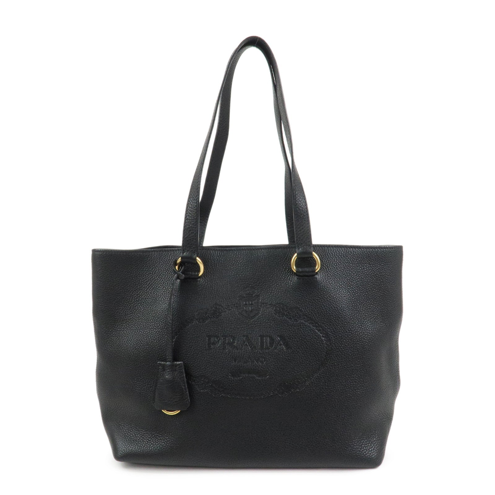 PRADA Logo Vitello Daino Leather Tote Bag Shoulder Bag Black 1BG100