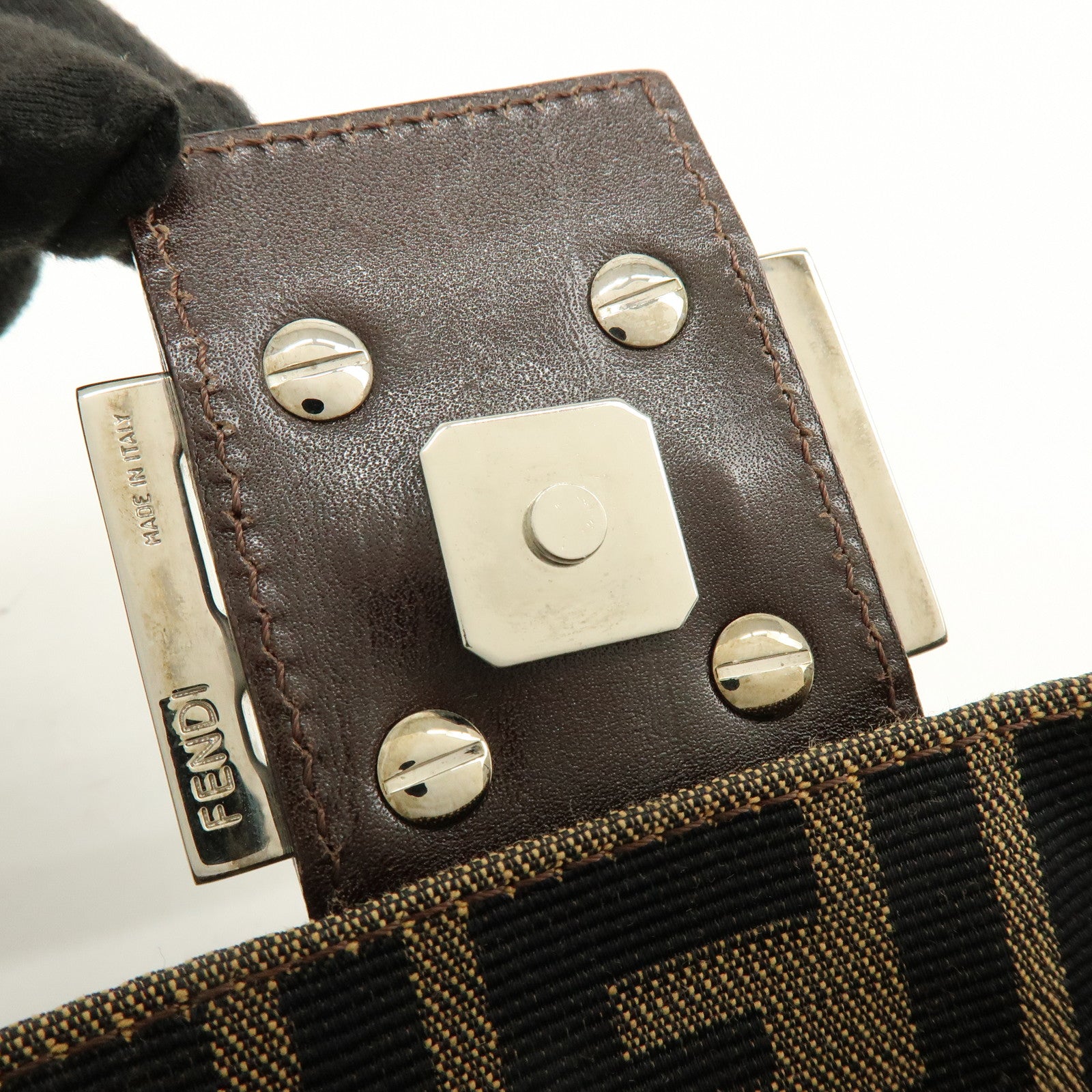 FENDI Mamma Baguette Zucca Canvas Leather Shoulder Bag Brown 8BR000