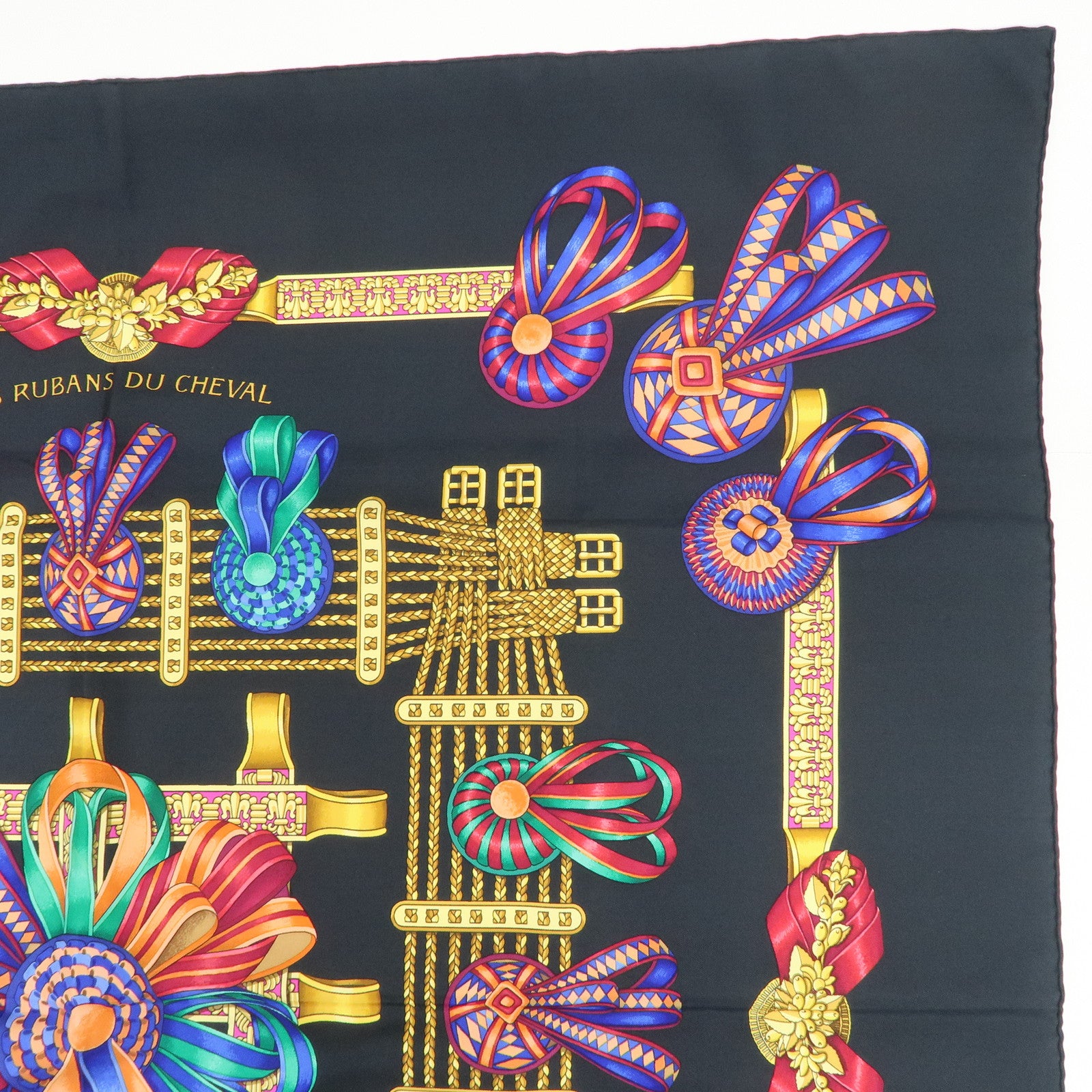 HERMES Carre 90 Silk 100% LES RUBANS DU CHEVAL Scarf Black
