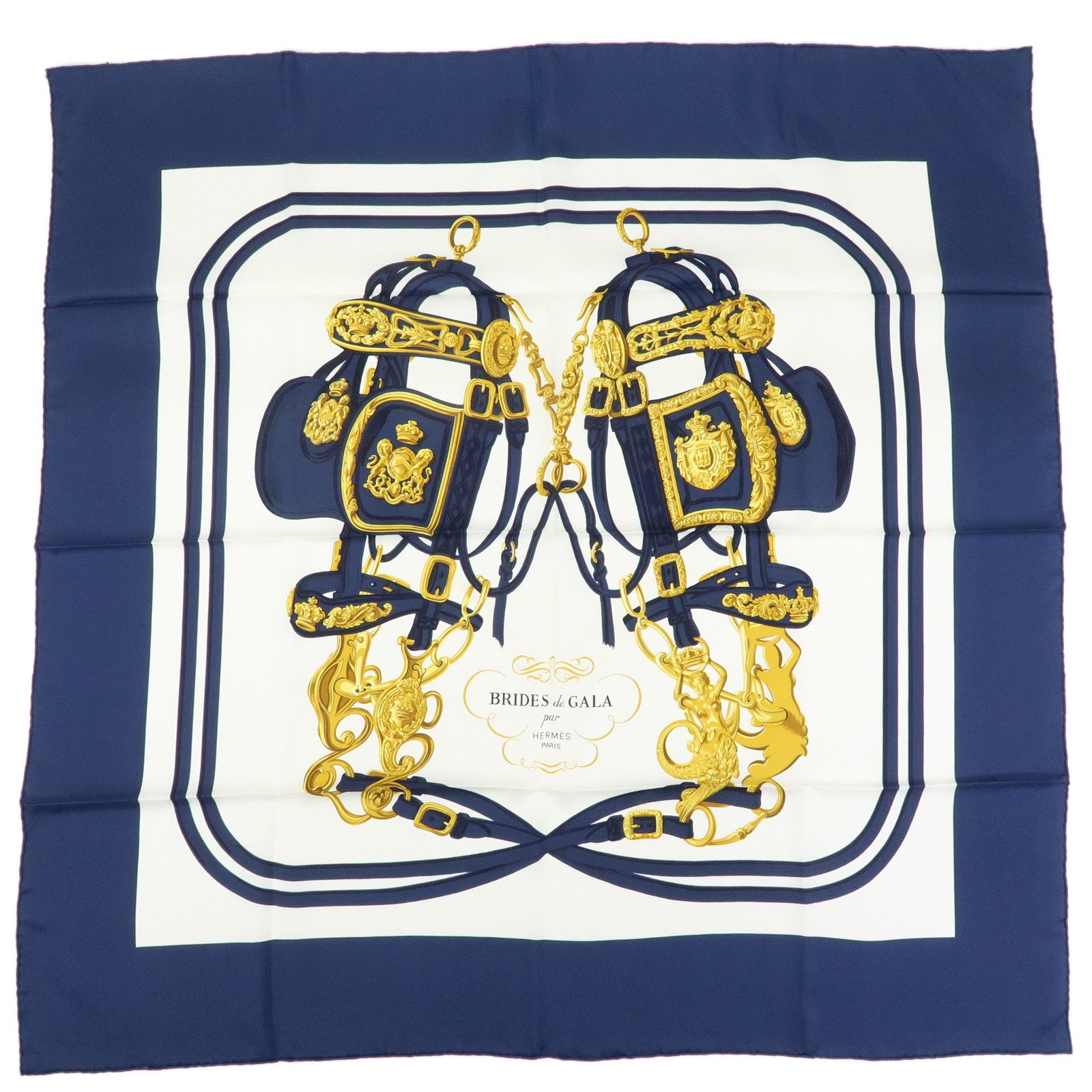 HERMES Carre 90 Silk 100% Scarf BRIDES DE GALA Navy Gold