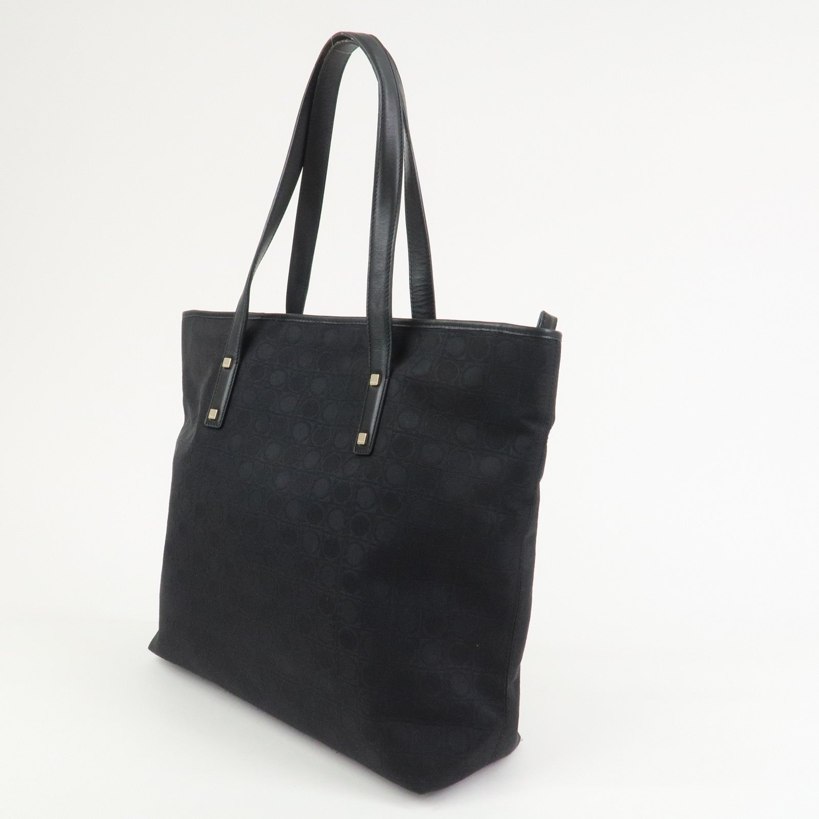 Ferragamo Gancini Canvas Leather Tote Bag Black AAU-21-2812
