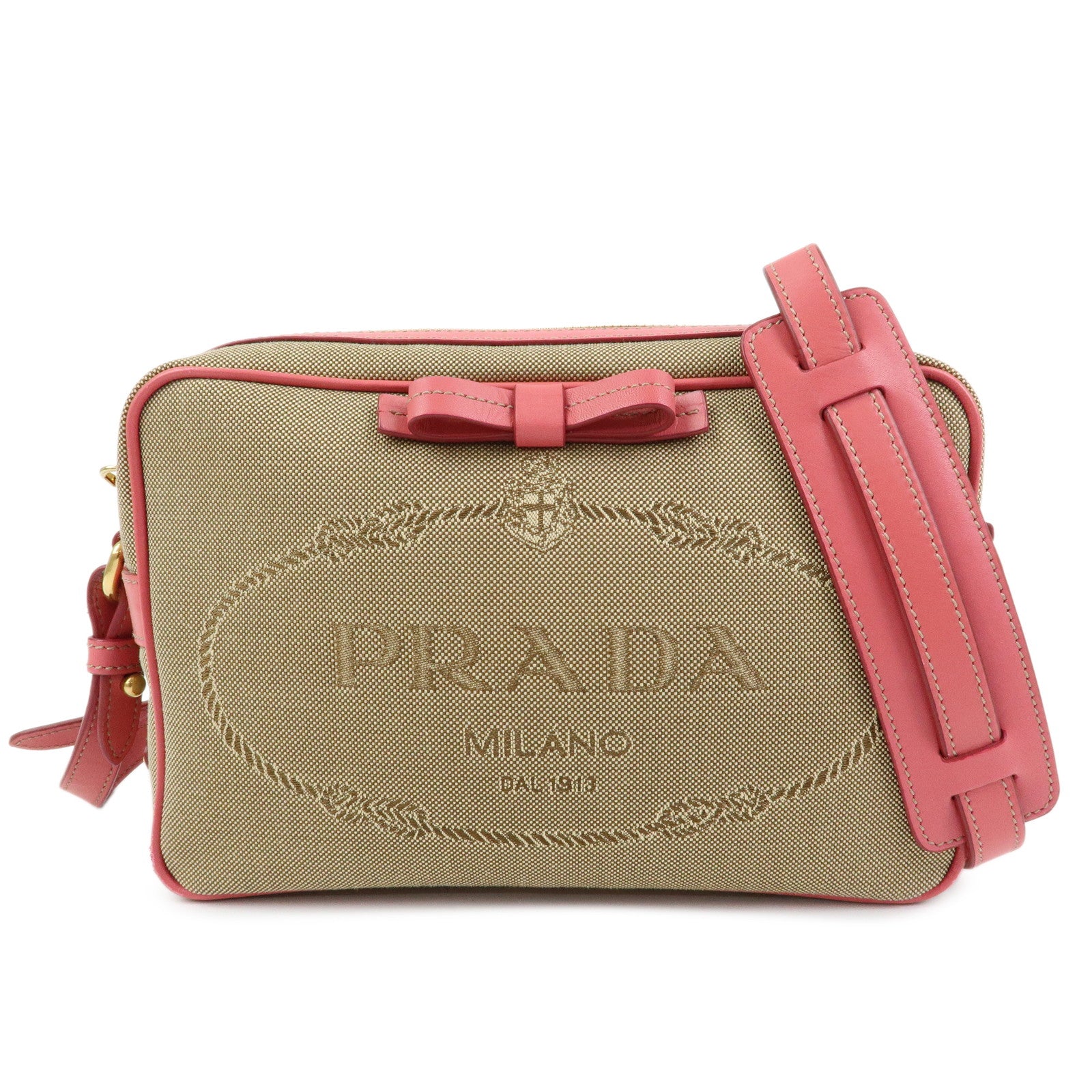 PRADA Triangle Logo Jacquard Leather Shoulder Bag Beige Pink 1BH089