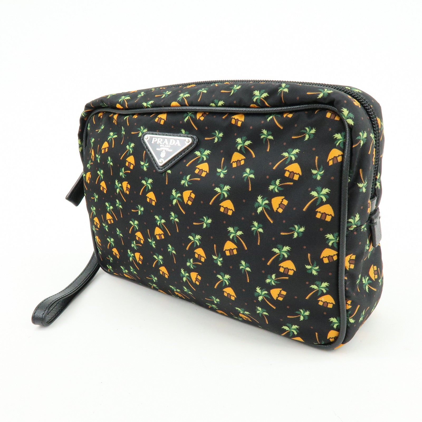 PRADA Triangle Logo Nylon Saffiano Leather Cosmetic Pouch 2NE007