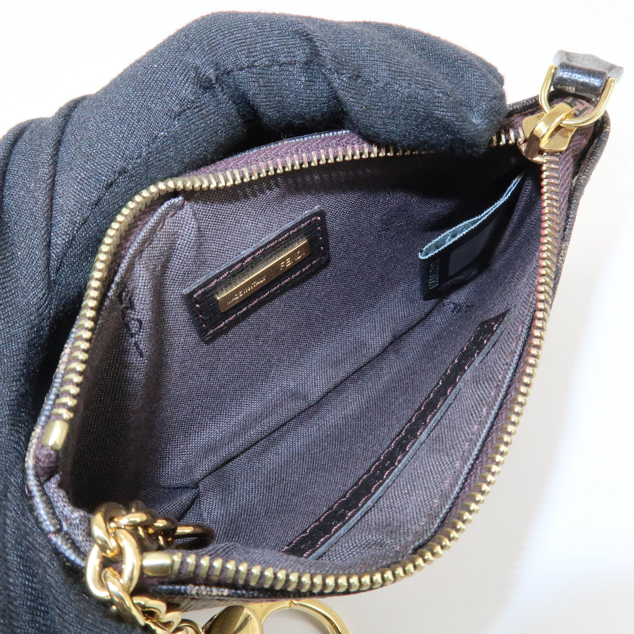FENDI Zucca Leather PVC Coin Case Key Chain Black Brown 8AP005 Used