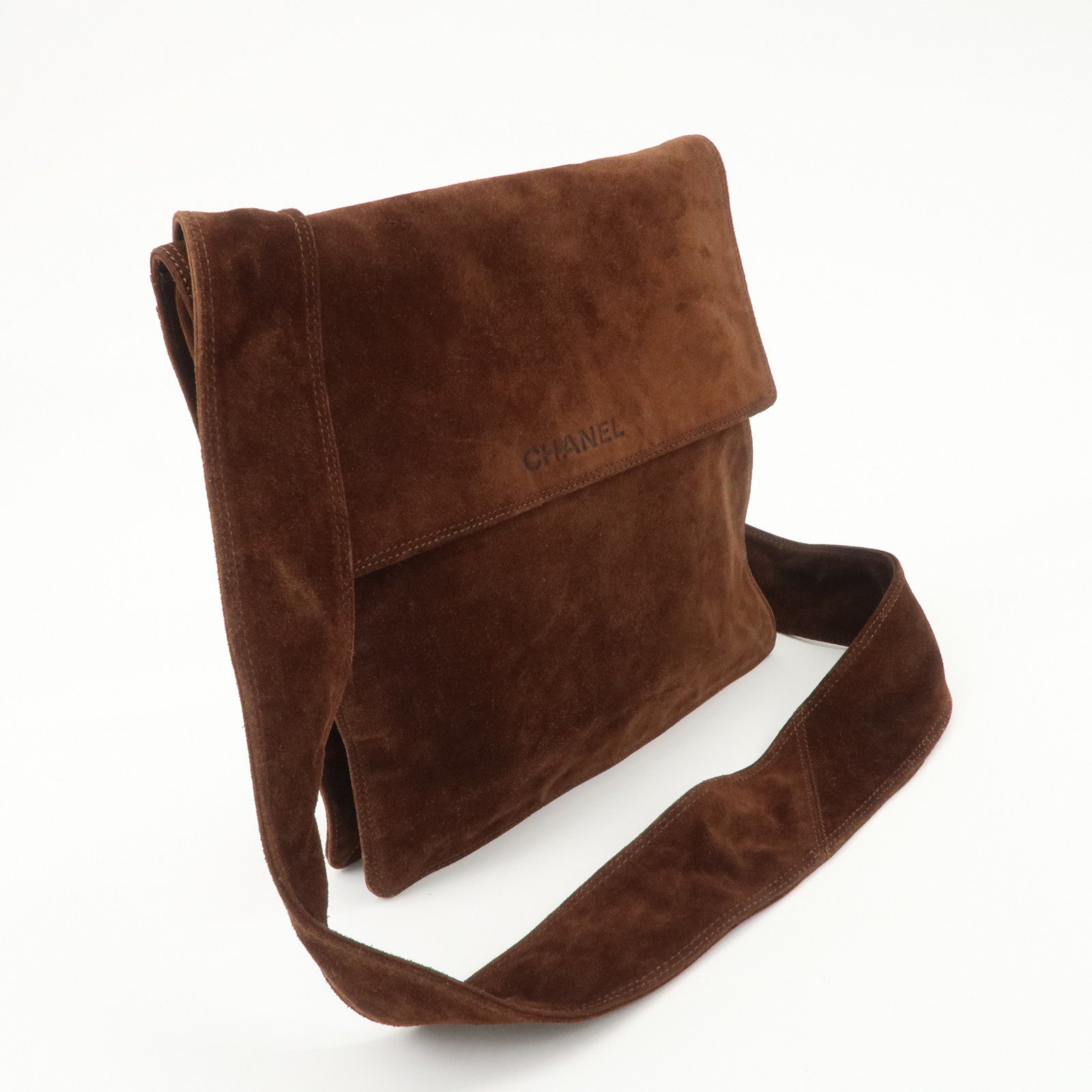 CHANEL Logo Suede Shoulder Bag Crossbody Bag Brown Used