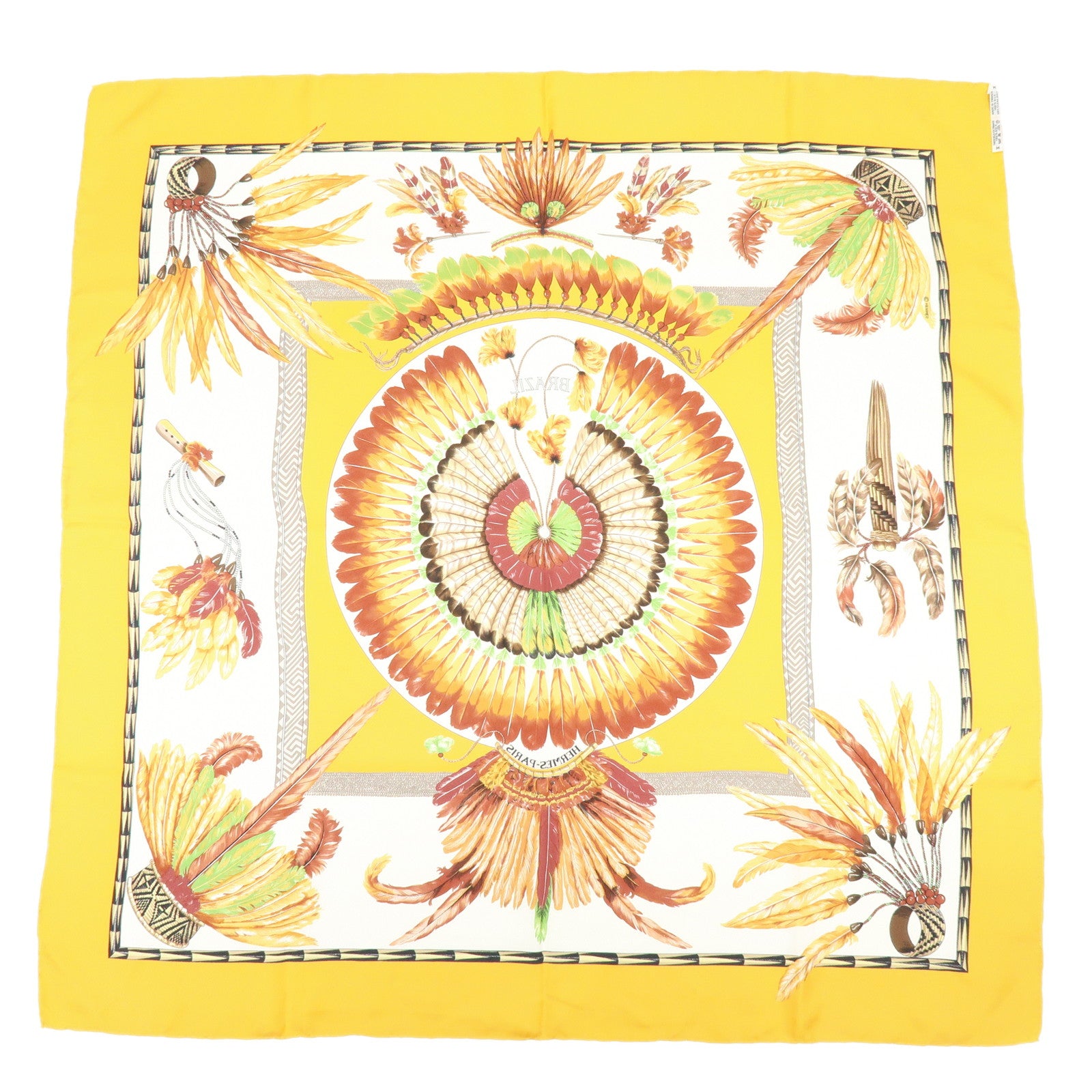 HERMES Carre 90 Silk 100% Scarf Brazil Yellow Brown