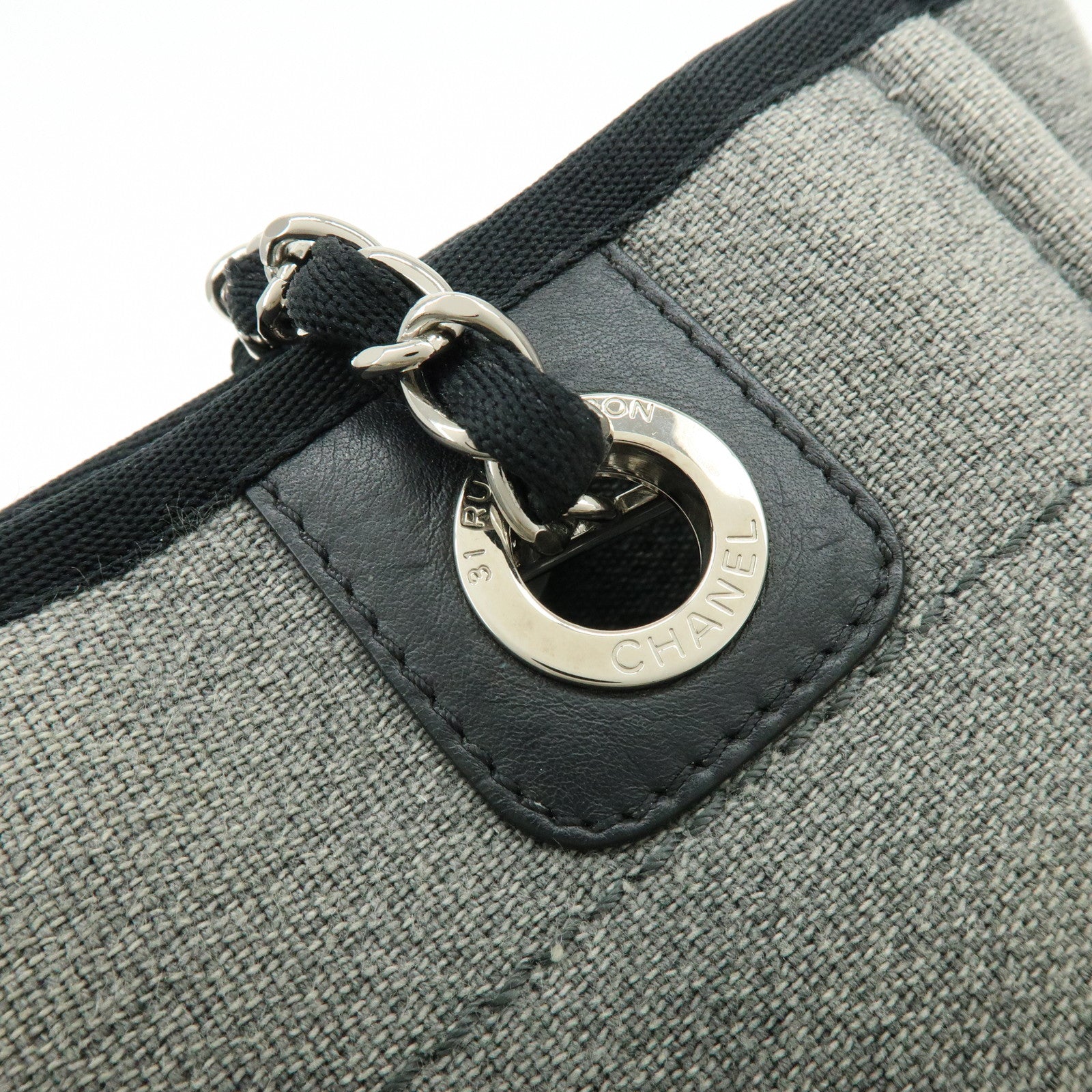 CHANEL Deauville PM Canvas Leather Chain Tote Bag Grey A66939