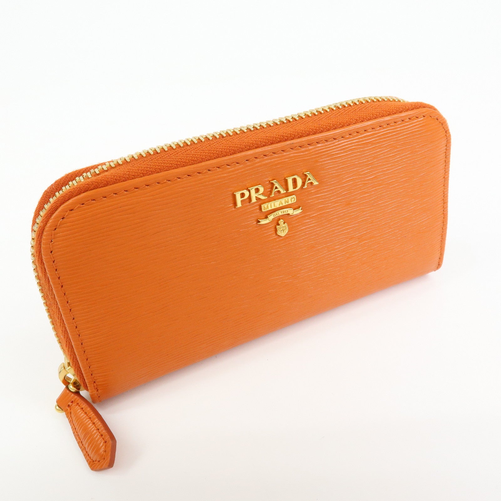 PRADA Saffiano Leather Round Zippy 6 Rings Key Case Orange 1PG604
