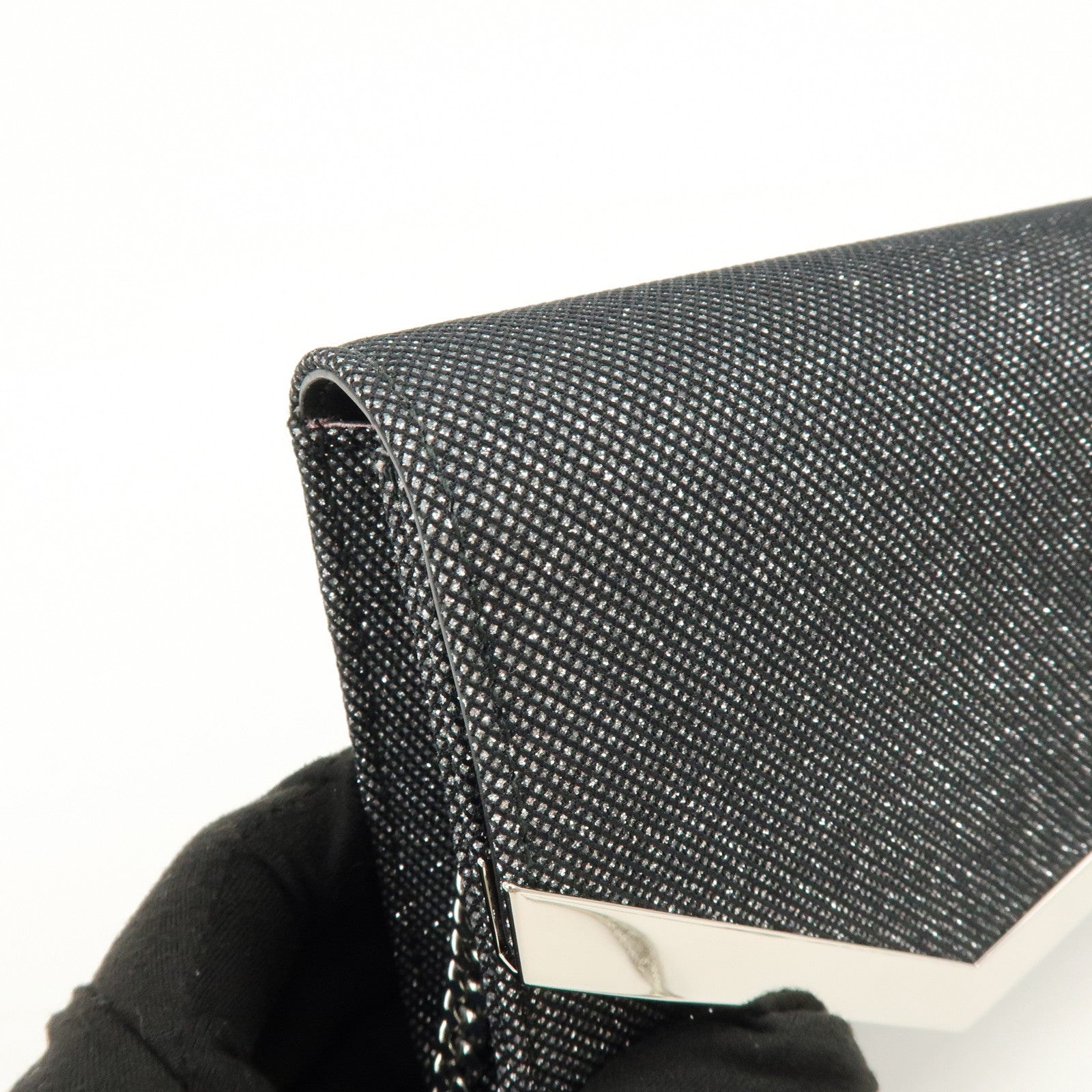 JIMMY CHOO Emmie Canvas Leather Chain Shoulder Bag Silver Black