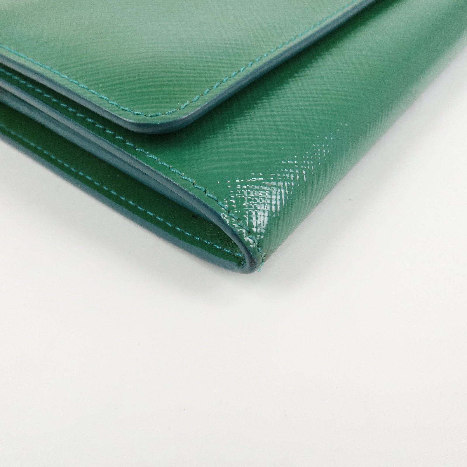 PRADA Triangle Logo Patent Leather Bi-Fold Long Wallet Green