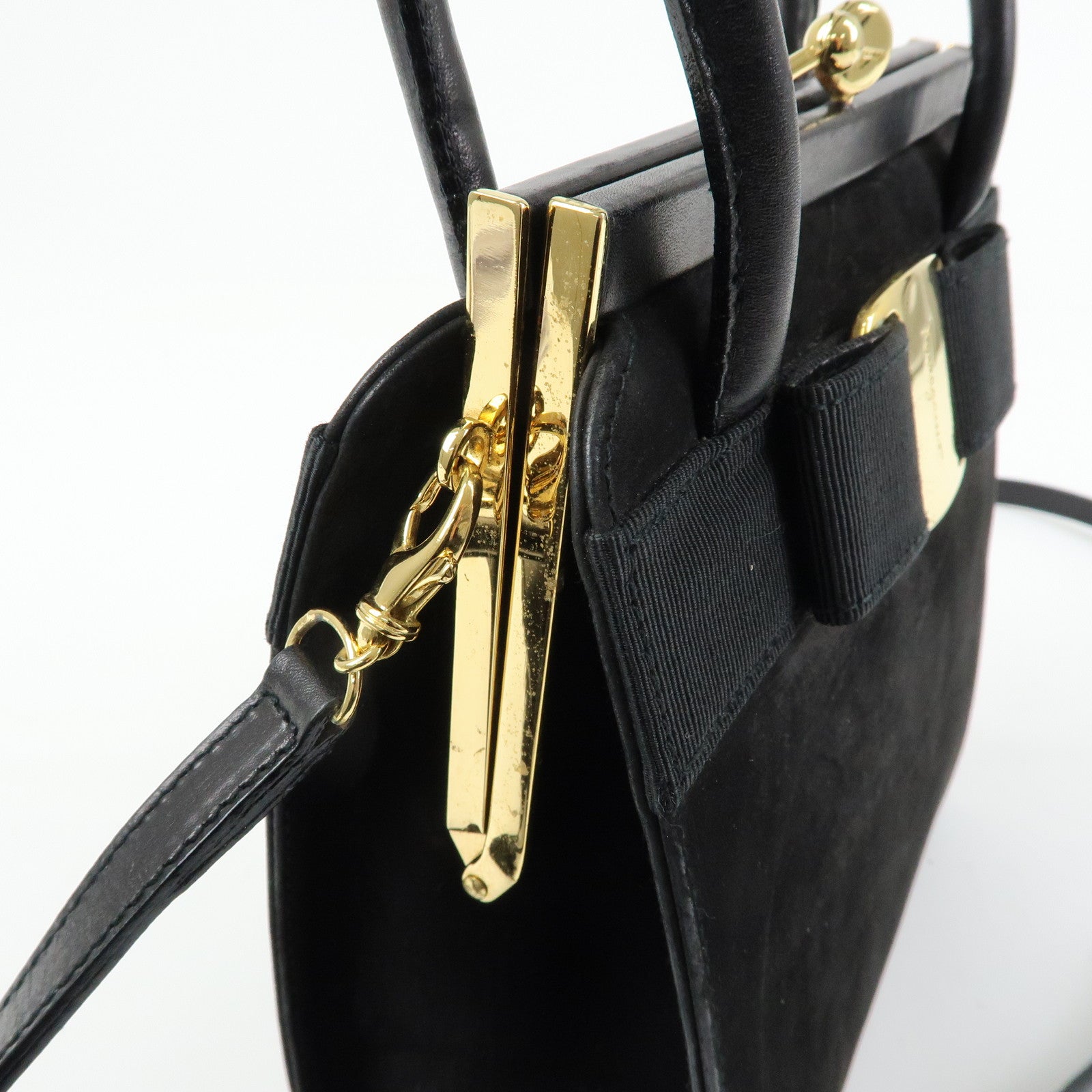 Ferragamo Varra Ribbon Suede Leather 2Way Bag Hand Bag Black