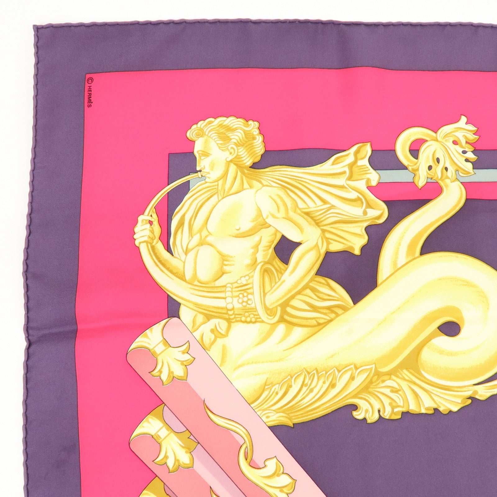 HERMES Carre 90 Silk 100% Scarf Lephyr Sailingship Purple Pink