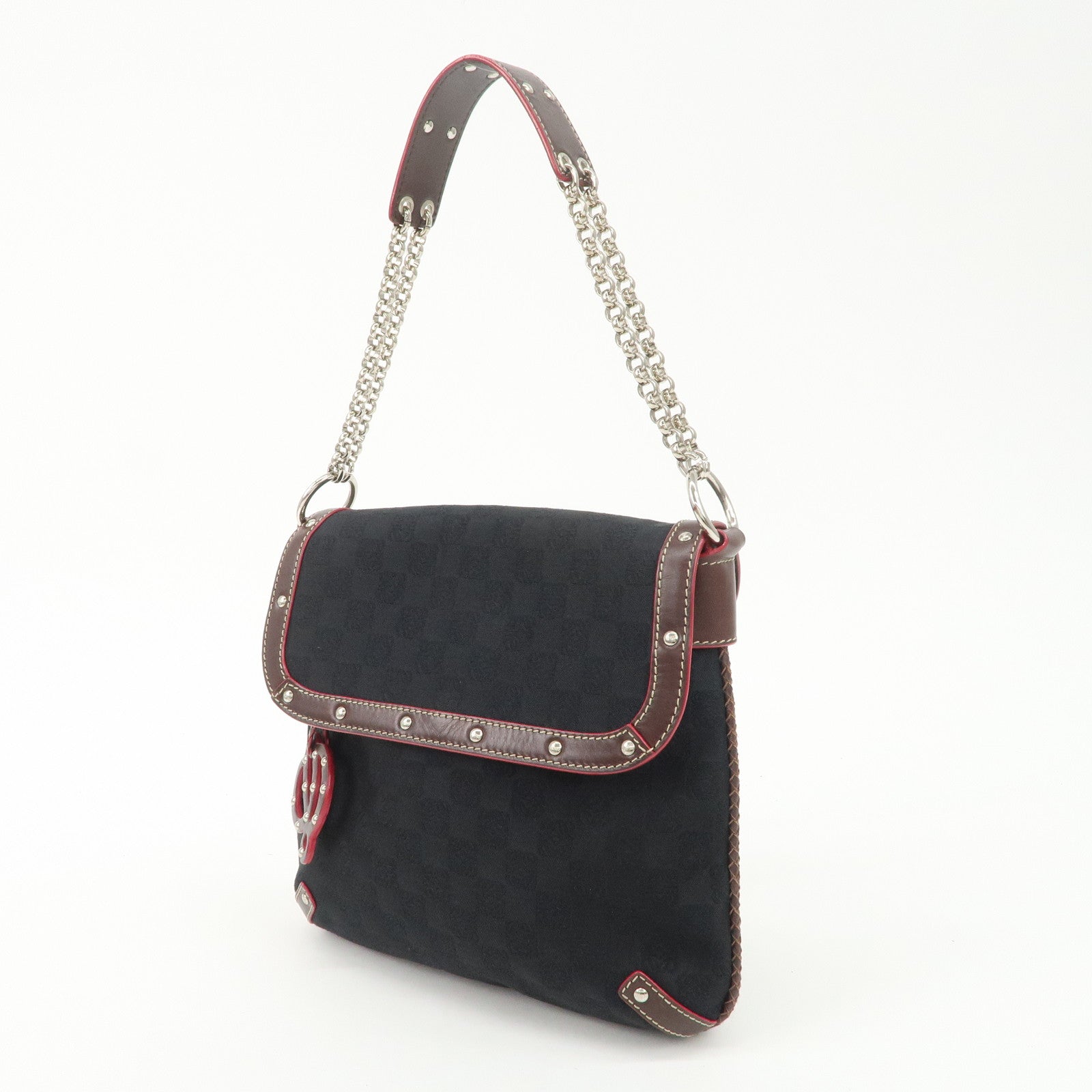 LOEWE Anagram Leather Canvas Chain Shoulder Bag Black Brown