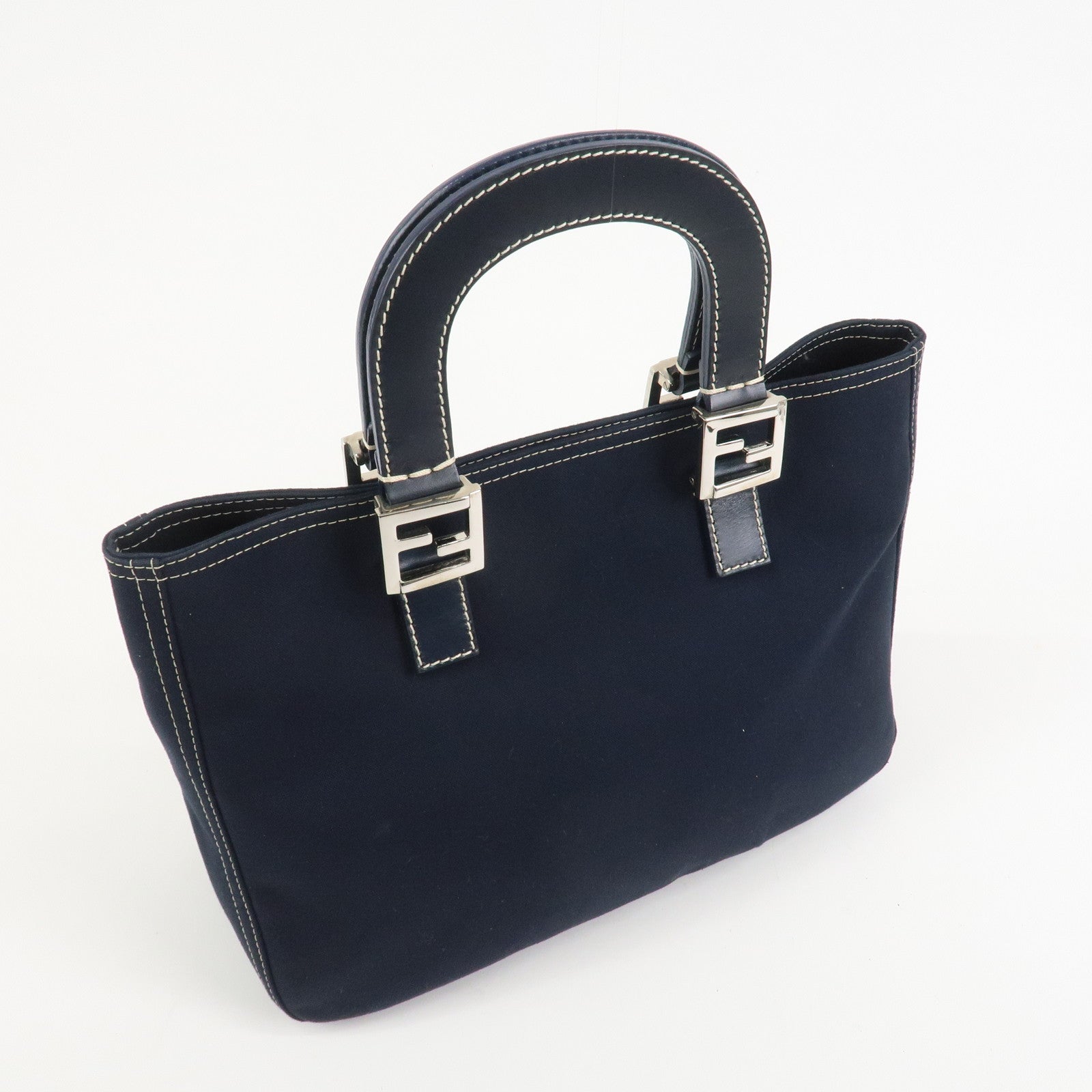 FENDI Canvas Leather Hand Bag Tote Bag Navy 26693