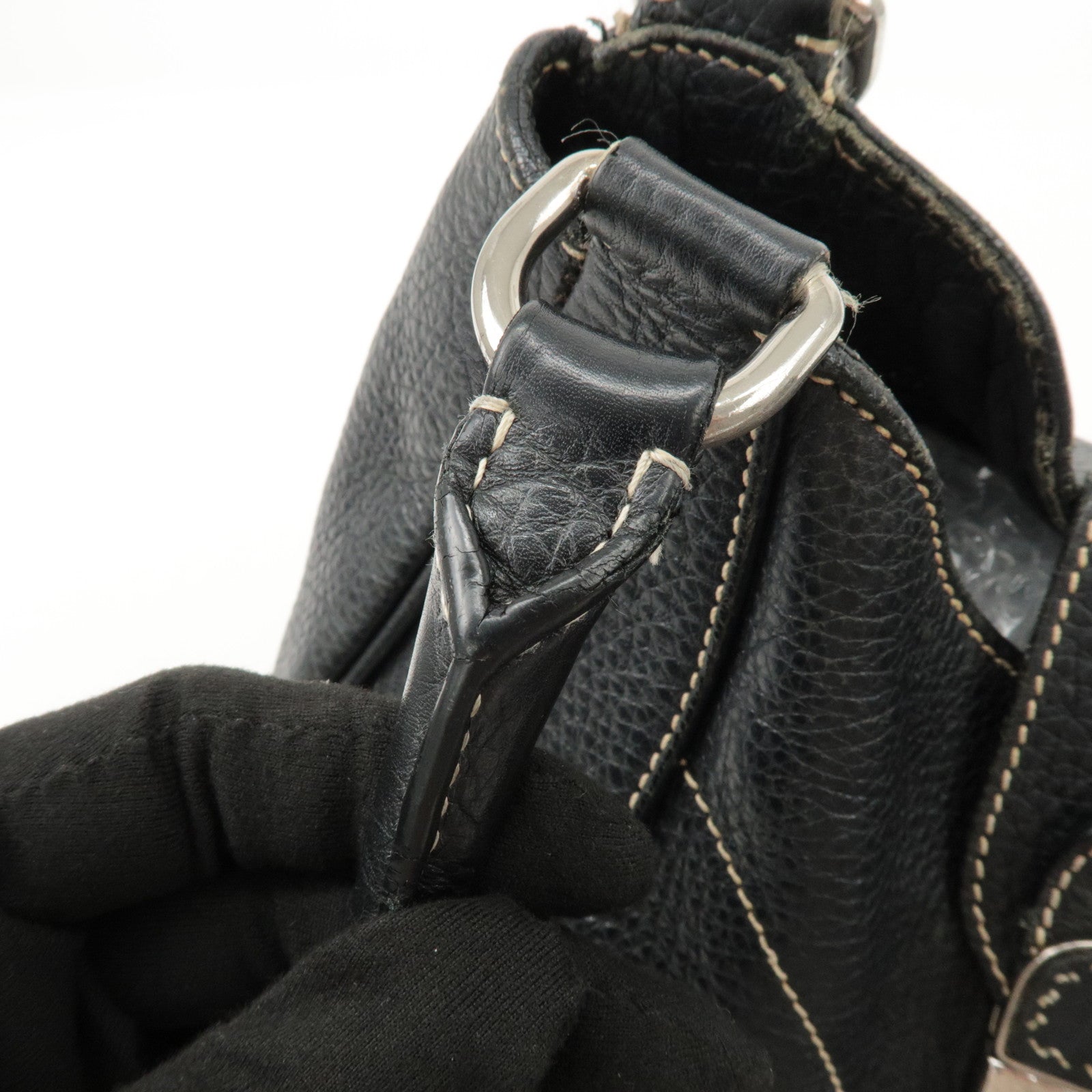 PRADA Logo Leather Shoulder Bag Hand Bag Black BR3593 Used