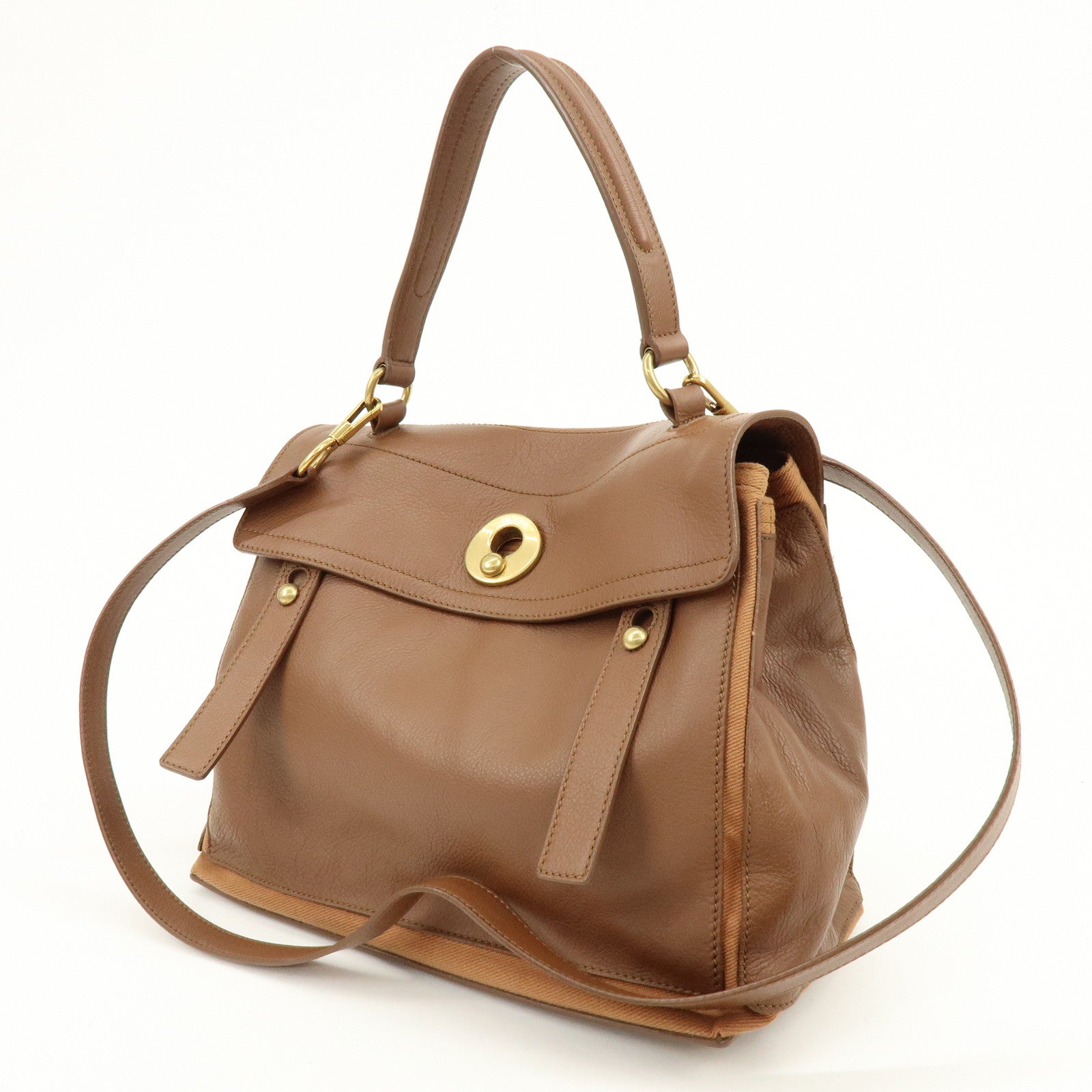 SAINT LAURENT PARIS Muse Two Leather Canvas 2WAY Bag Brown 229680