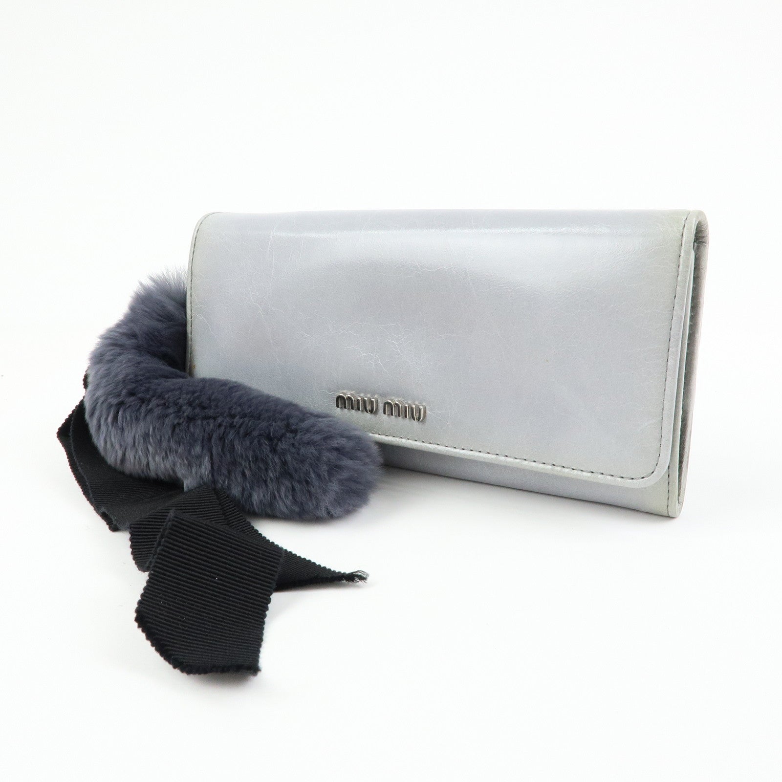 MIU MIU Vitello Shine Fur Flap Long Wallet Gray 5MH109