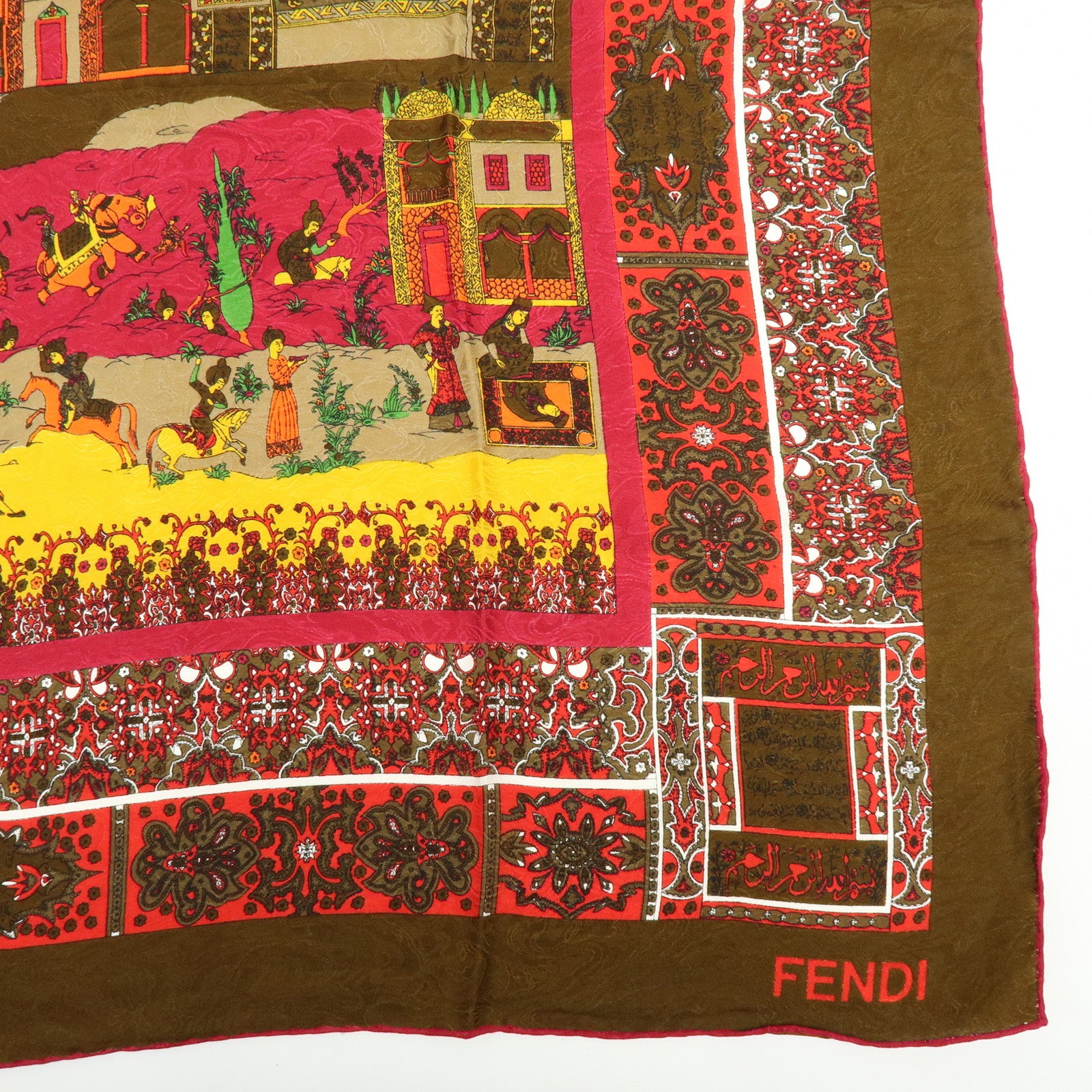 FENDI Silk 100% Scarf Oriental Motif Brown Multicolor