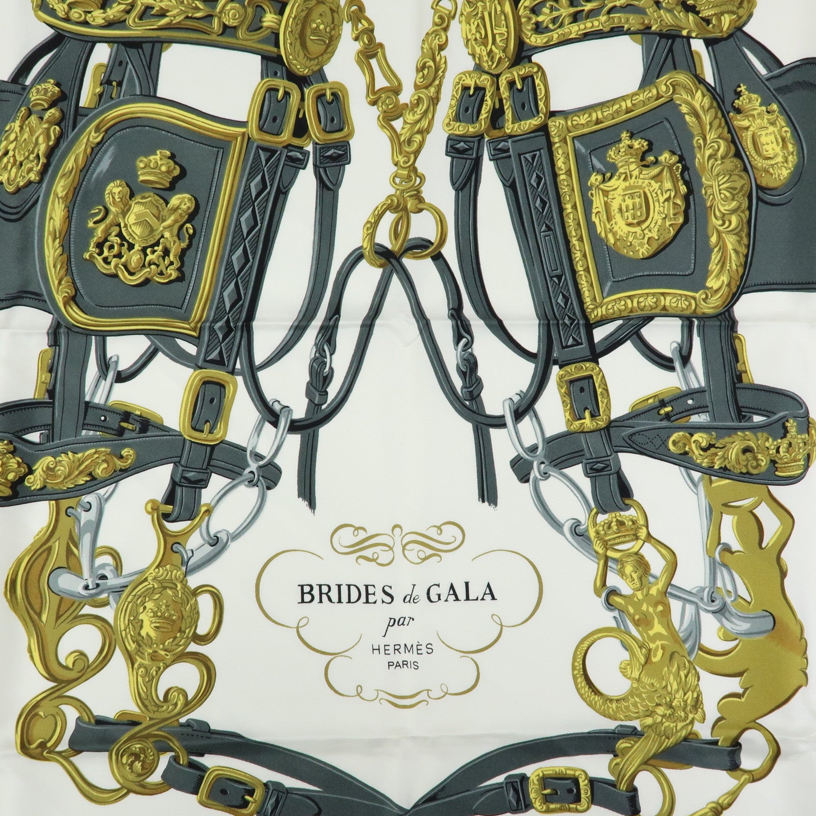 HERMES Carre 90 Silk 100% Scarf Brides de Gala Gray Light Blue Gold