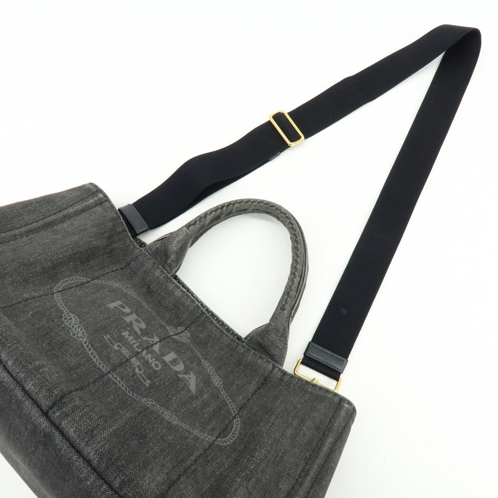 PRADA Canapa Denim Tote Bag Hand Bag Black 1BG642