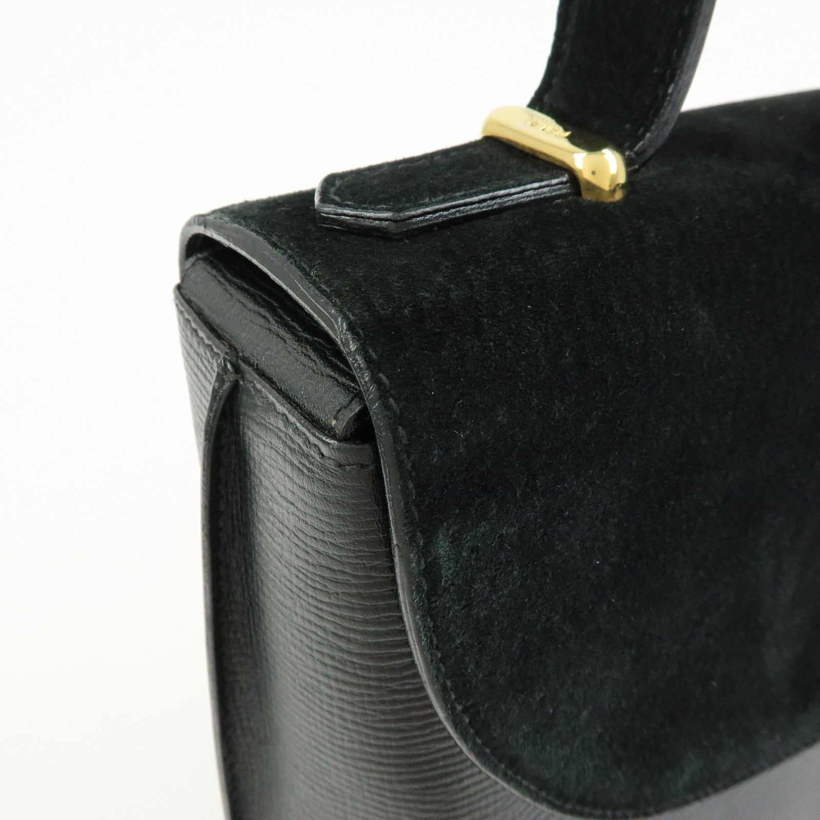 FENDI Top Handle Leather Suede Hand Bag Black 12897